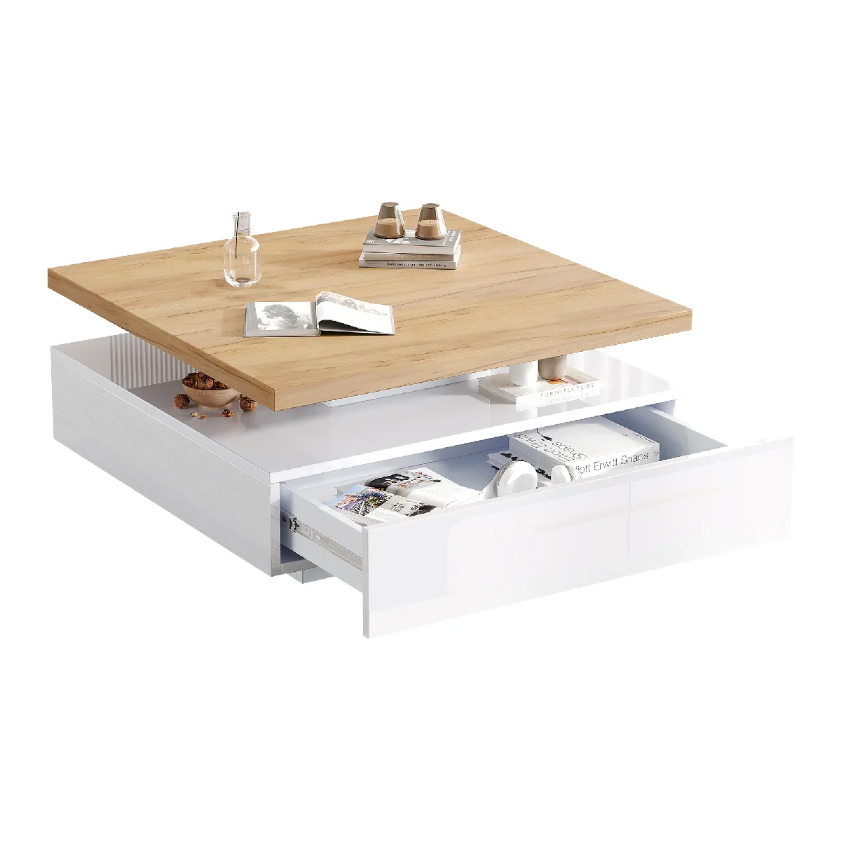 Table Basse 70x70x36 Cm Pivotante à 360°, 1 Tiroir, Rangement, Panneaux Particules, Blanc