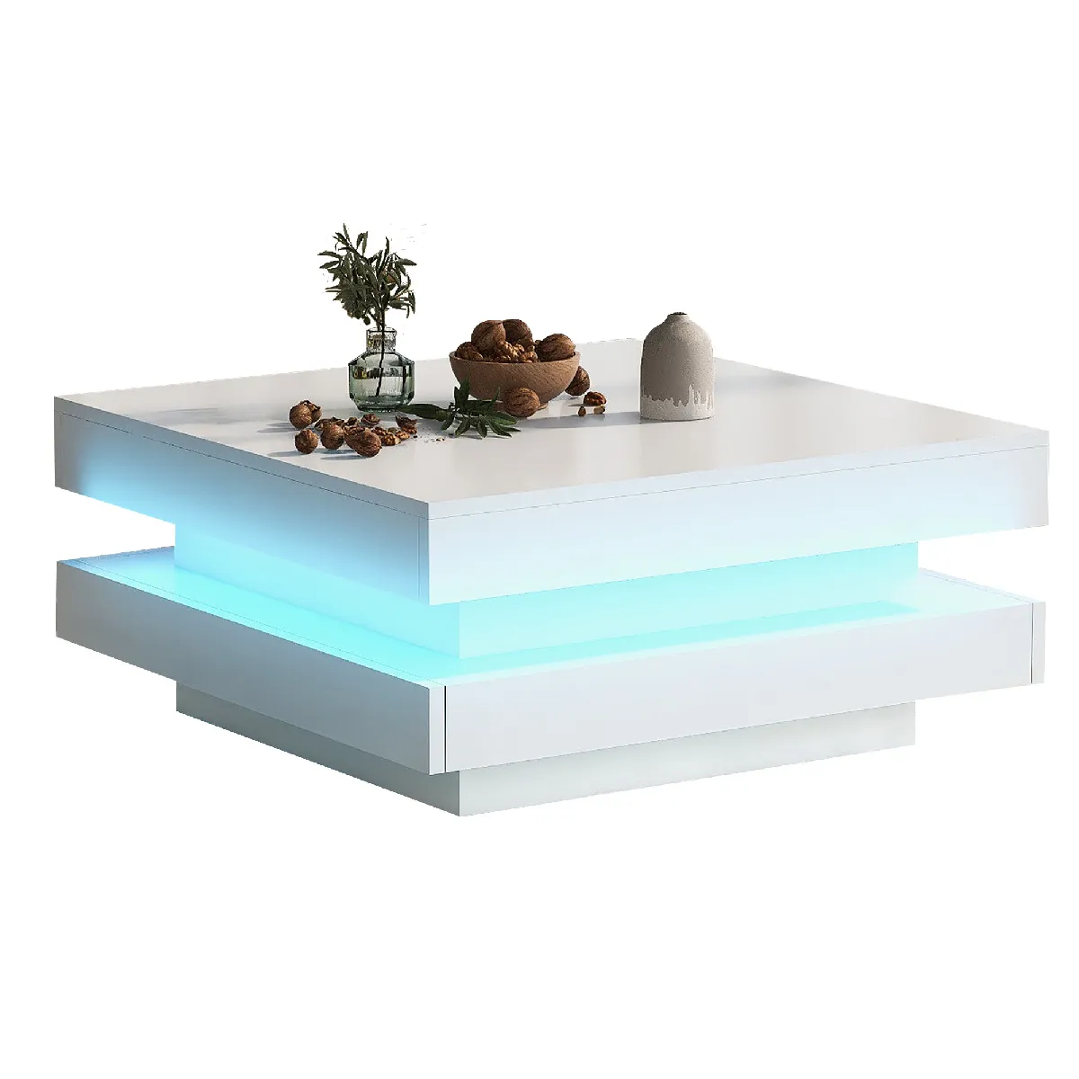 Table basse 70x70x36 cm éclairage LED Bluetooth panneau de particules blanc
