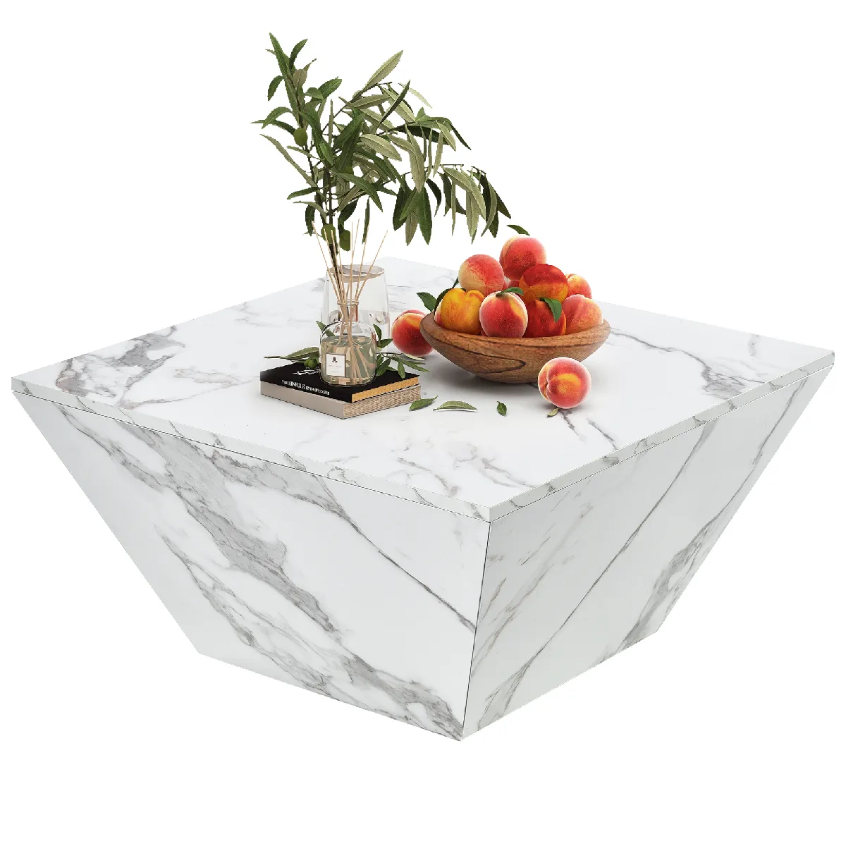 Table basse 70x70x37 cm 2 tiroirs design trapézoïdal MDF blanc