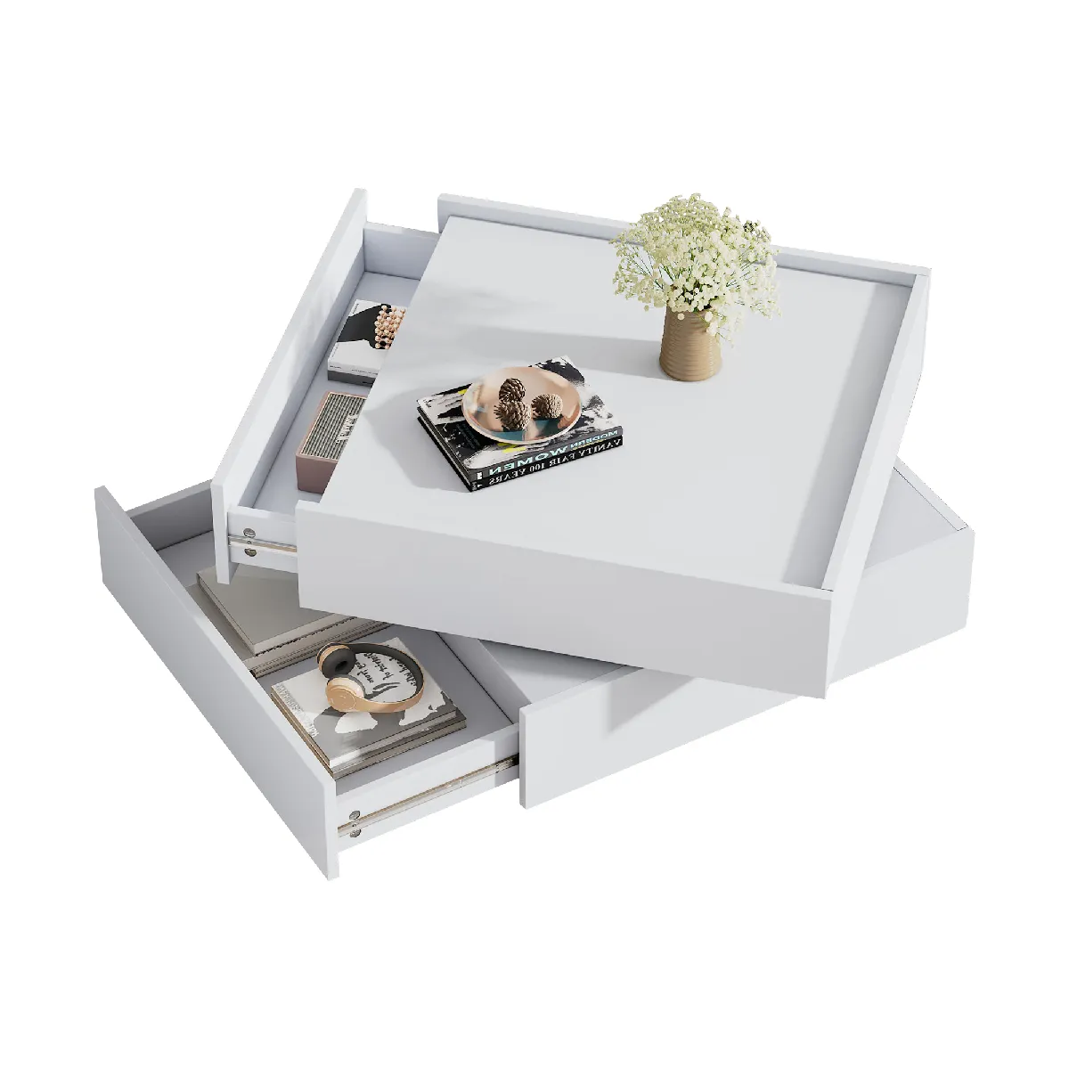 Table basse 60x60x38 cm pivotante 360°, panneaux de particules blanc