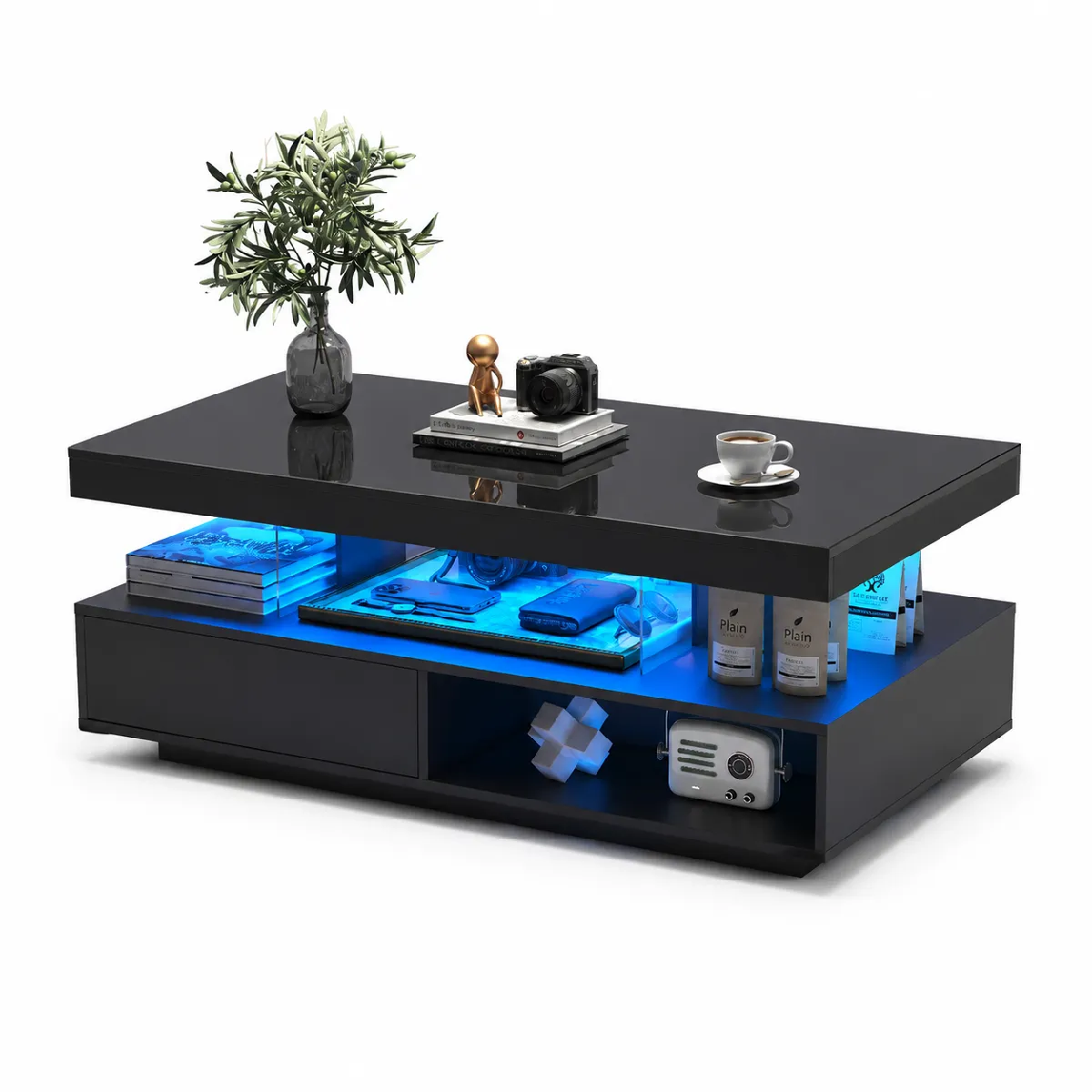 Table basse 95x50x42.5 cm 2 tiroirs, verre panneaux de particules noir