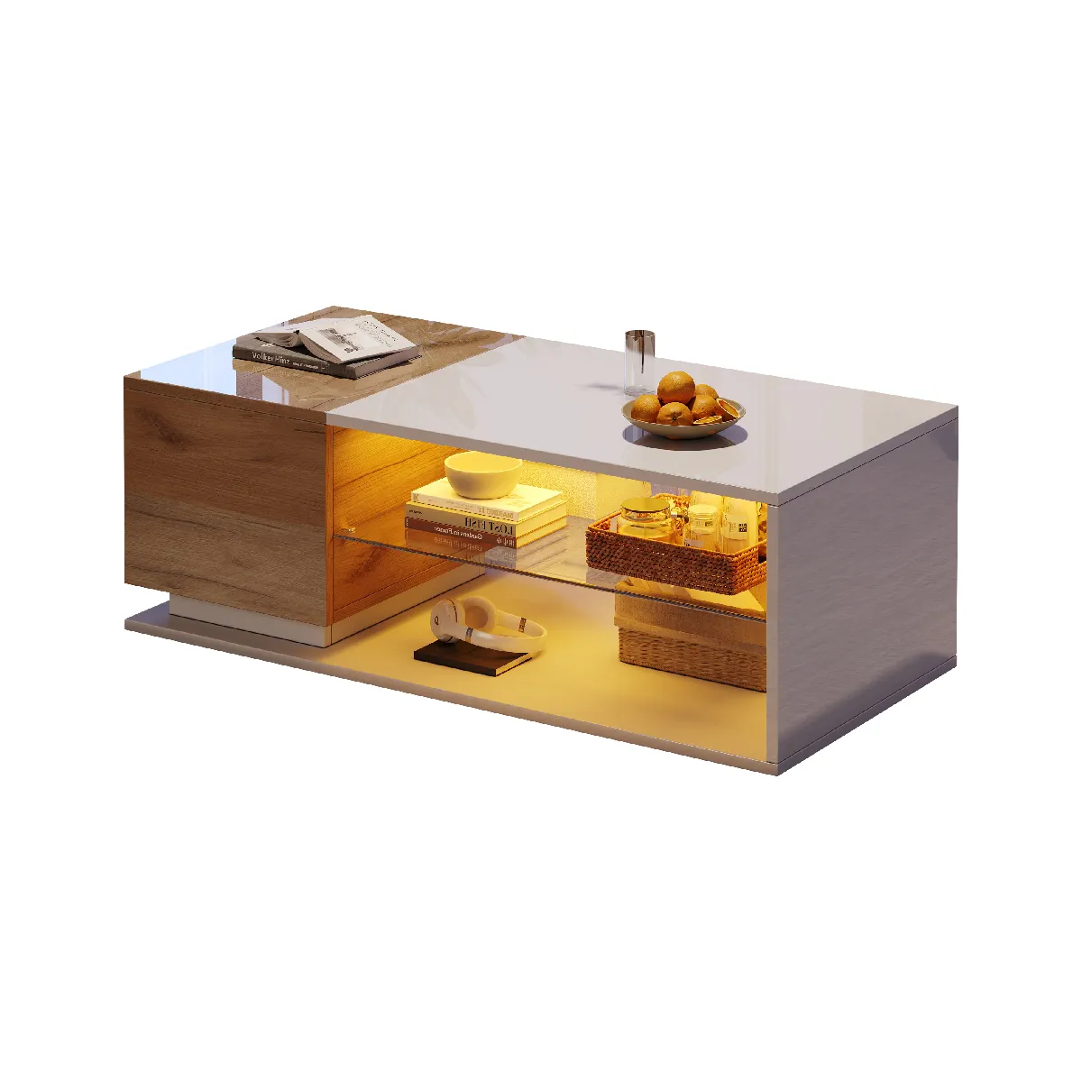 Table Basse LED 105×50×36 Cm Avec Porte, étagères en verre, Panneaux de particules, Blanc