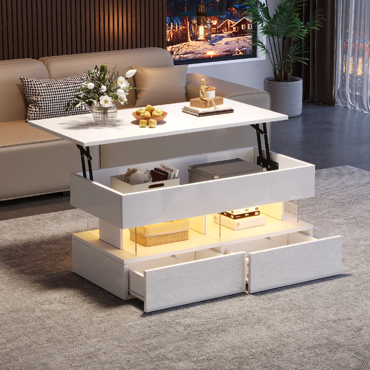 Table Basse Relevable 100x50x46/60 Cm Avec 2 Tiroirs, Espace De Rangement, En Mdf, Blanc
