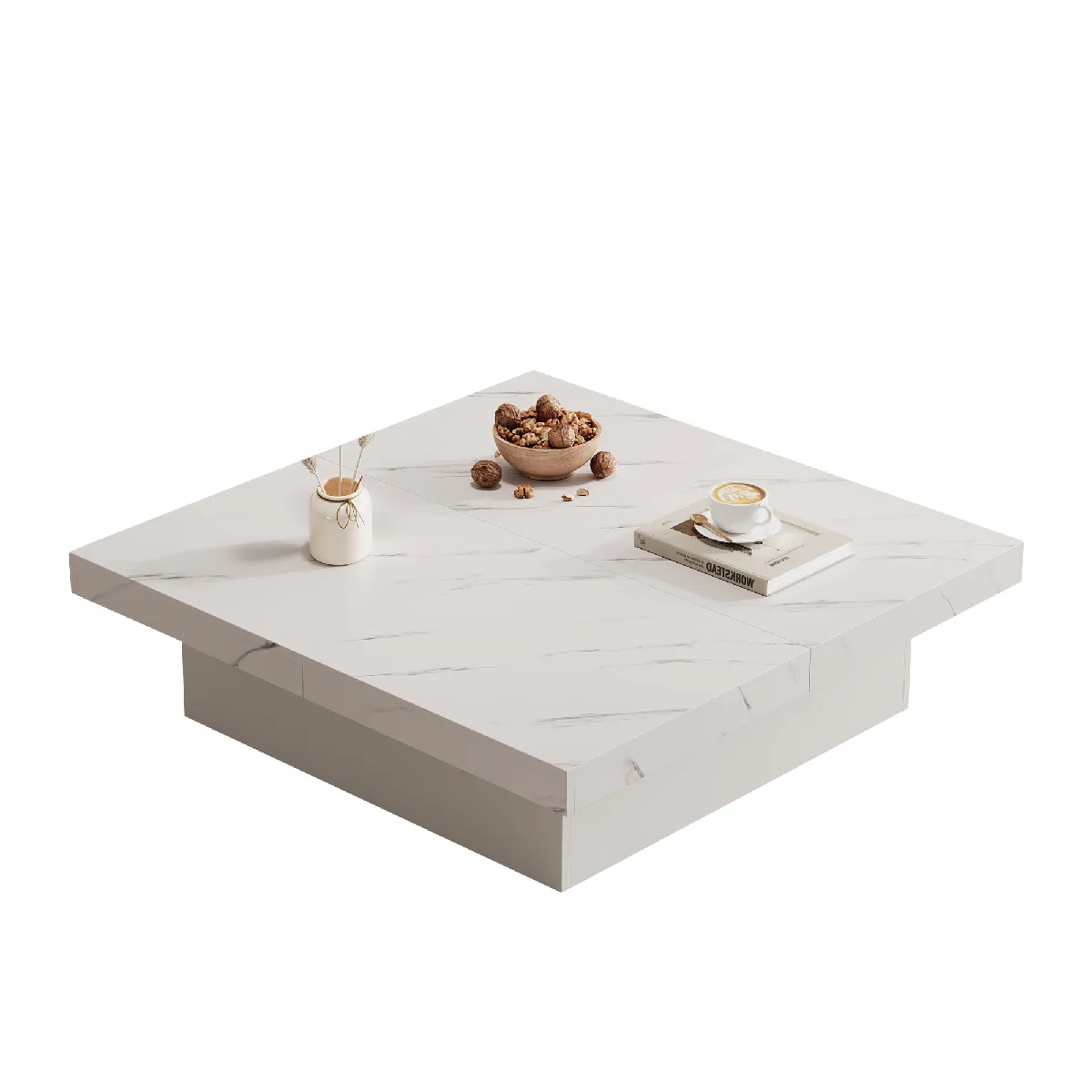 Table Basse Carrée 90x90x25 Cm, 4 plans de travail coulissants, Panneaux particules, Blanc