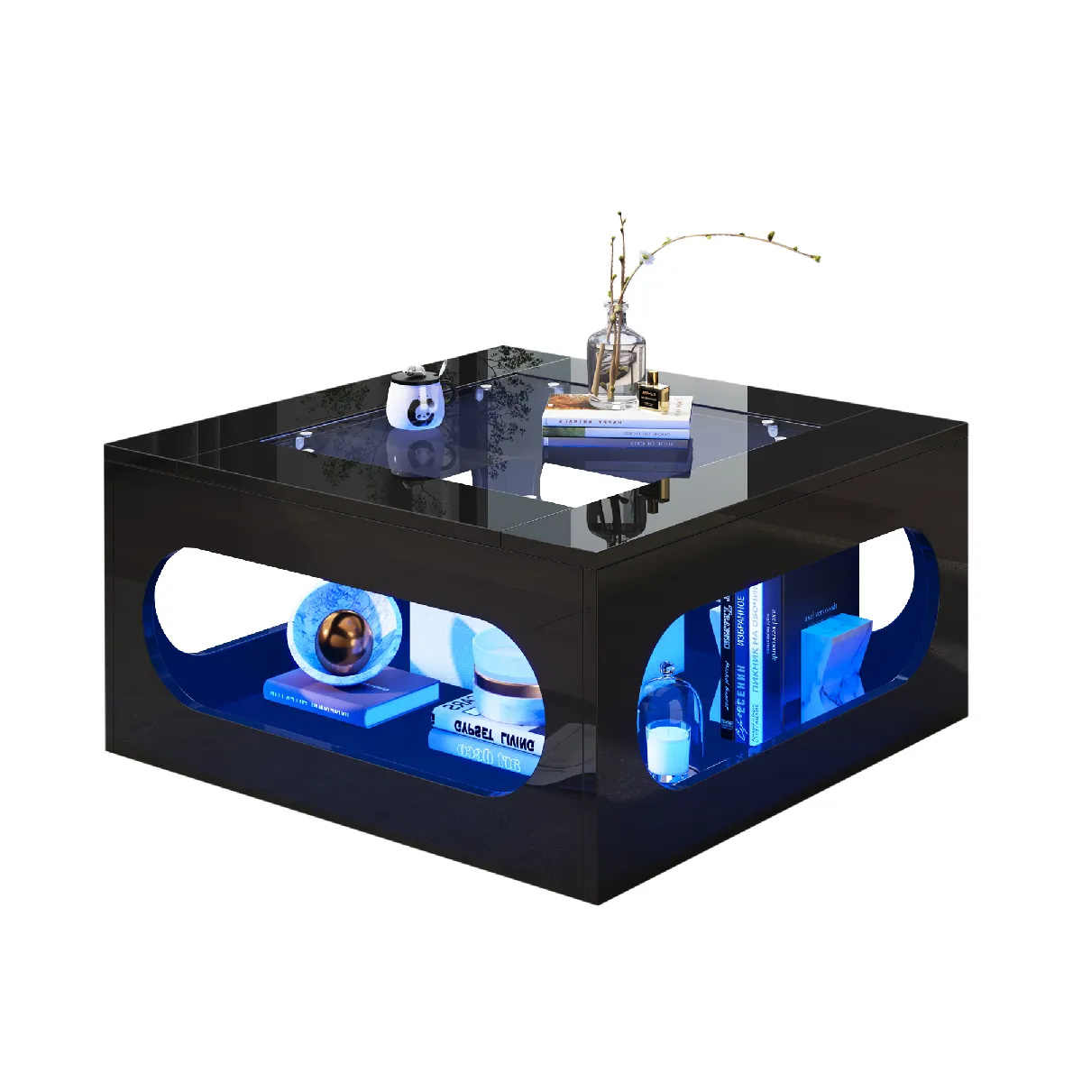 Table Basse Carrée 70x70x35 cm, LED, Plateau En Verre Trempé, Centre Ajouré, MDF, Noir