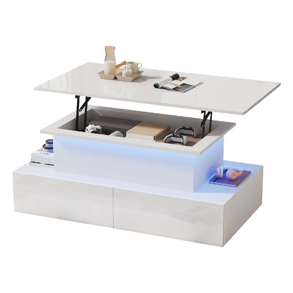 Table basse 90x55x41 cm LED, 4 tiroirs panneaux de particules blanc