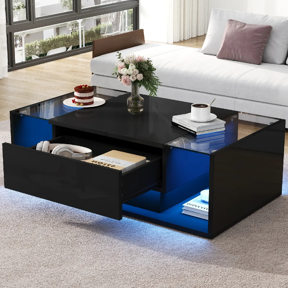 Table Basse Moderne 100x50x31cm, Avec LED, 1 Tiroir, Verre Trempé, Noir Brillant