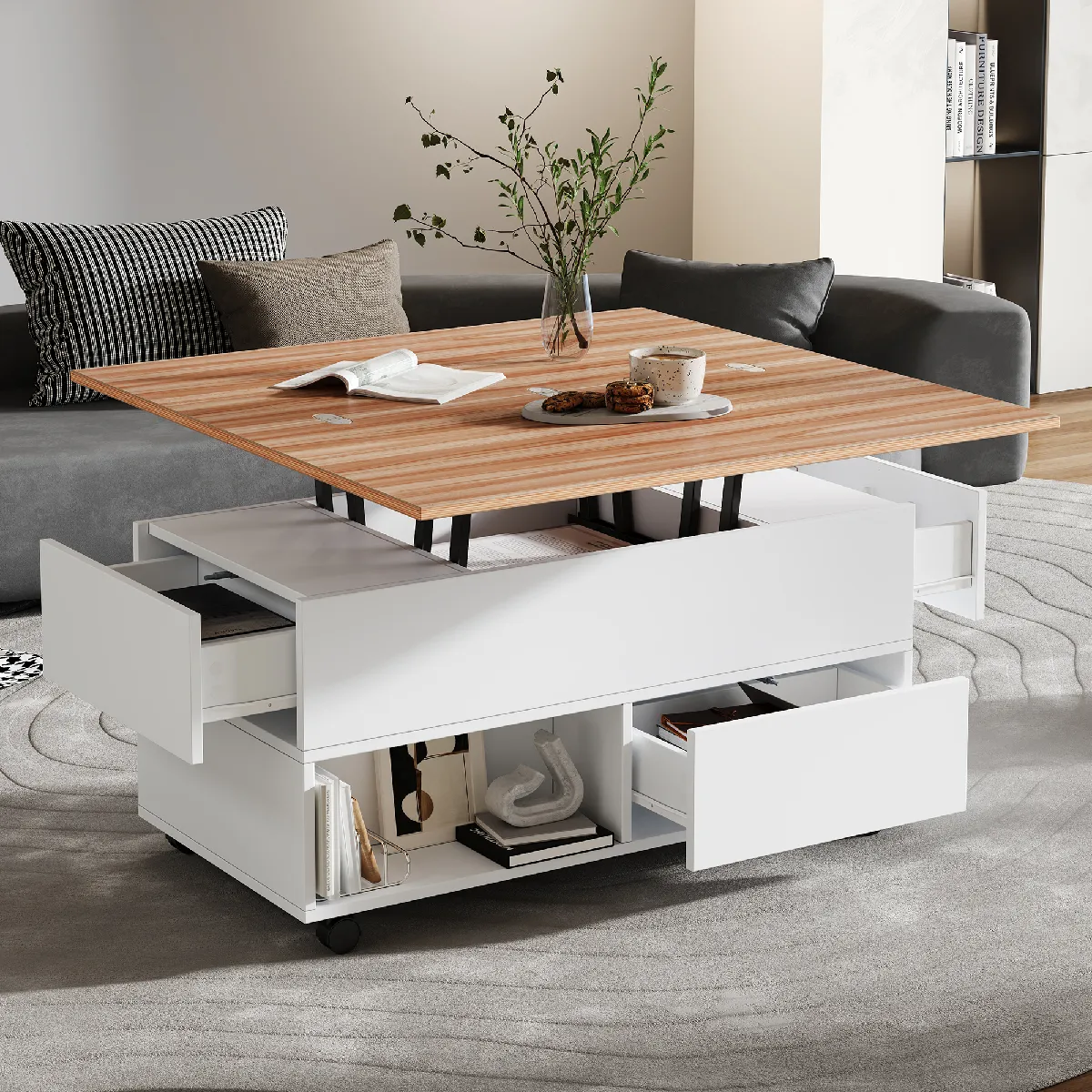 Table Basse Relevable 100x50x52 Cm, 4 Roulettes, 4 Tiroirs, Panneaux de particules, Blanc