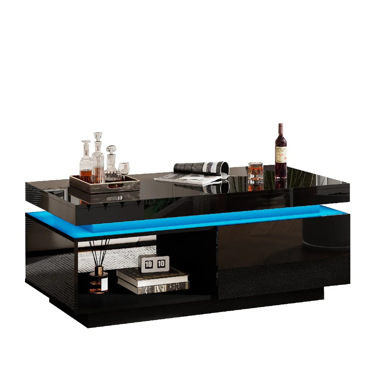 Table basse 100x50x40.3 cm LED, tiroir panneaux de particules noir