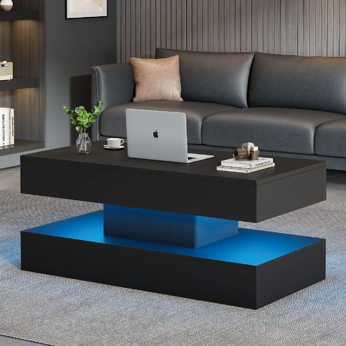 Table basse LED relevable 100×50×42 cm avec rangement caché, panneaux particules, noir