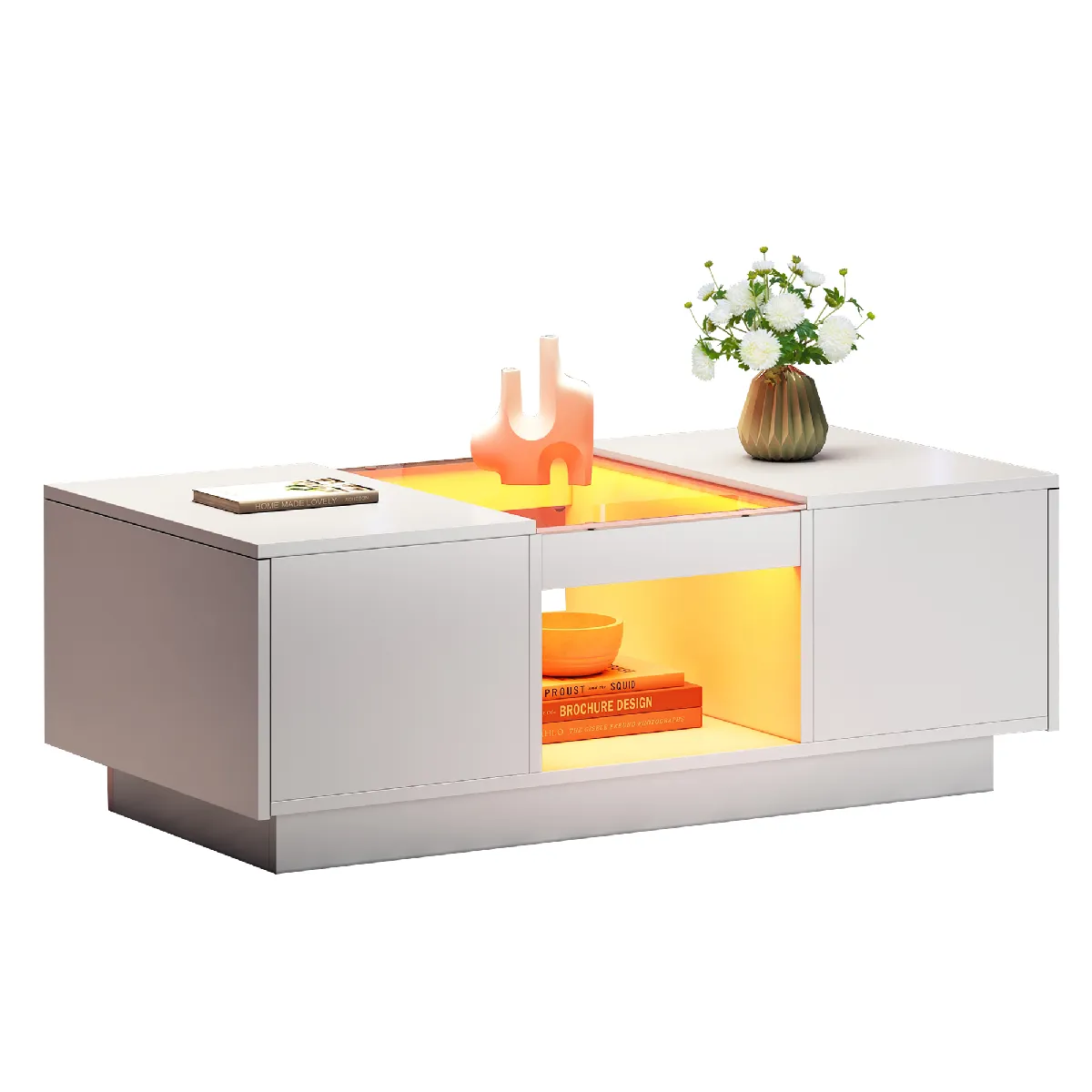 Table basse 100x50x35.5 cm LED, 2 tiroirs verre panneaux de particules blanc