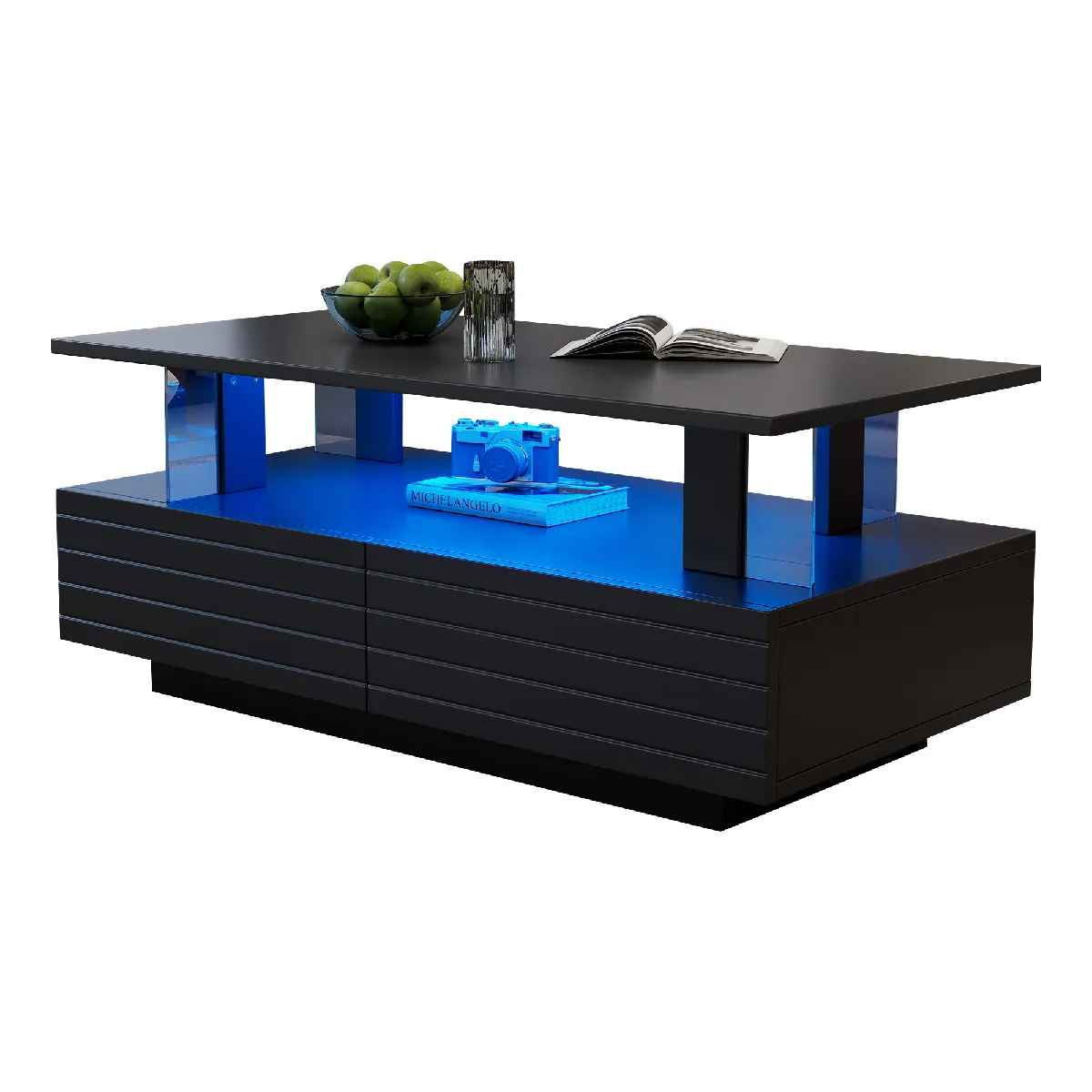 Table basse 100x50x42 cm LED avec rangement acrylique noir