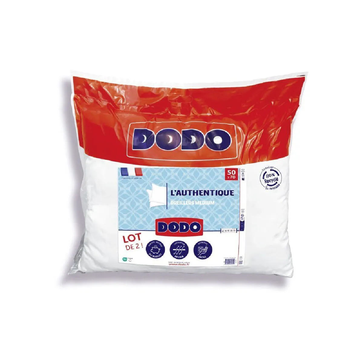DODO  L&acute;AUTHENTIQUE Lot de 2 oreillers 50 x 70 cm - Blanc - Oreiller m&eacute;dium