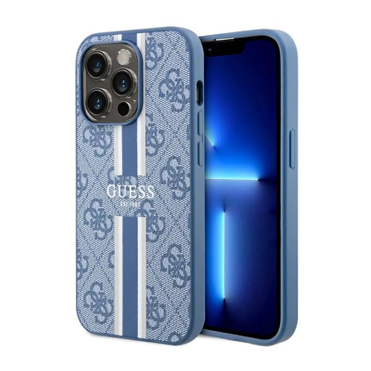 Guess Bleu Étui 4G Printed Stripes Pour Iphone 14 Pro Magsafe - Neuf - Image 2