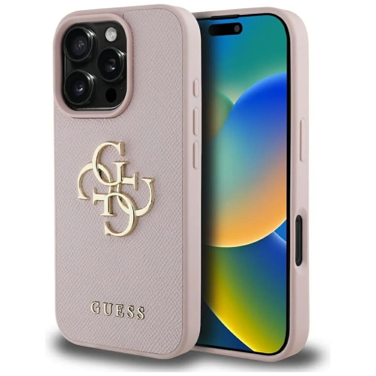 Guess Rose Coque Grained Big 4G Logo Small Classic Logo Pour Iphone 16 Pro (Rose)