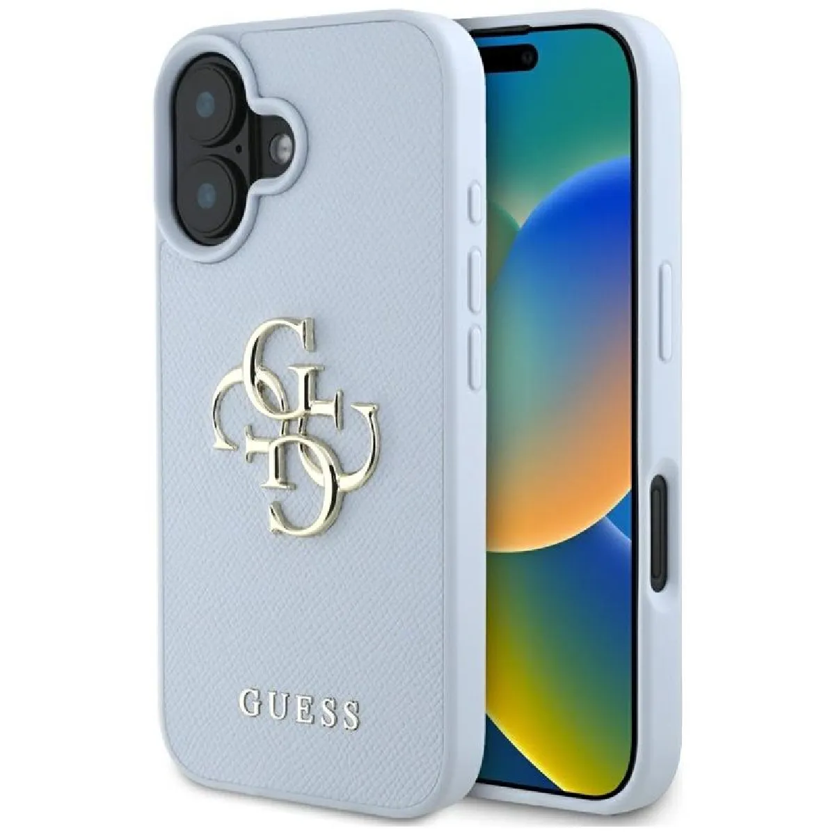 Guess Bleu Grained Big 4G Logo Small Classic Logo ? Coque Pour Iphone 16 (Bleu)