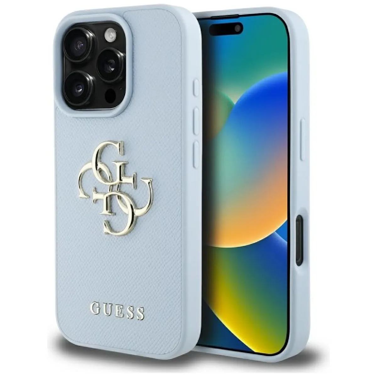 Guess Bleu Coque Grained Big 4G Logo Small Classic Logo Pour Iphone 16 Pro (Bleu)