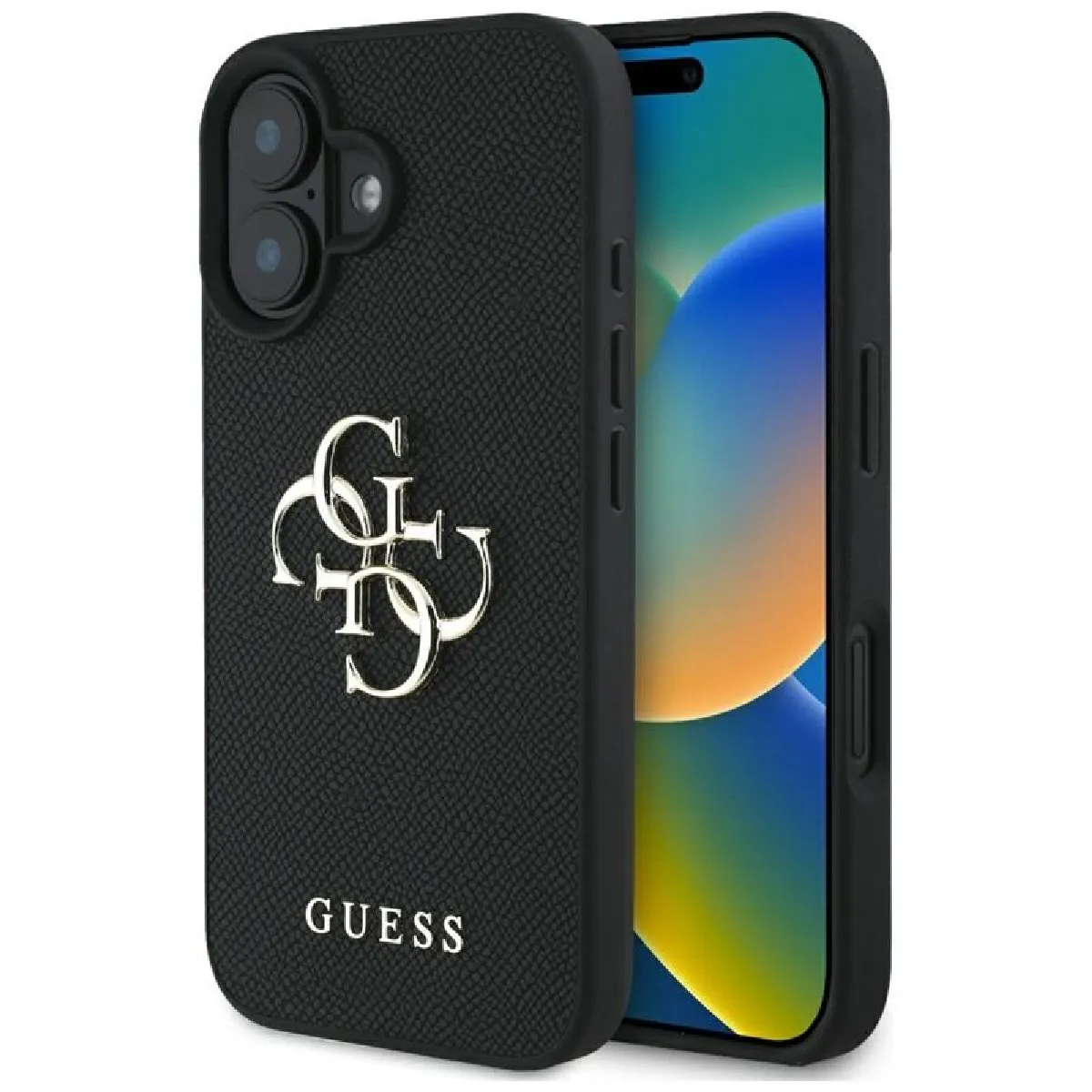 Guess Noir Coque Grained Big 4G Logo Small Classic Logo Apple Iphone 16