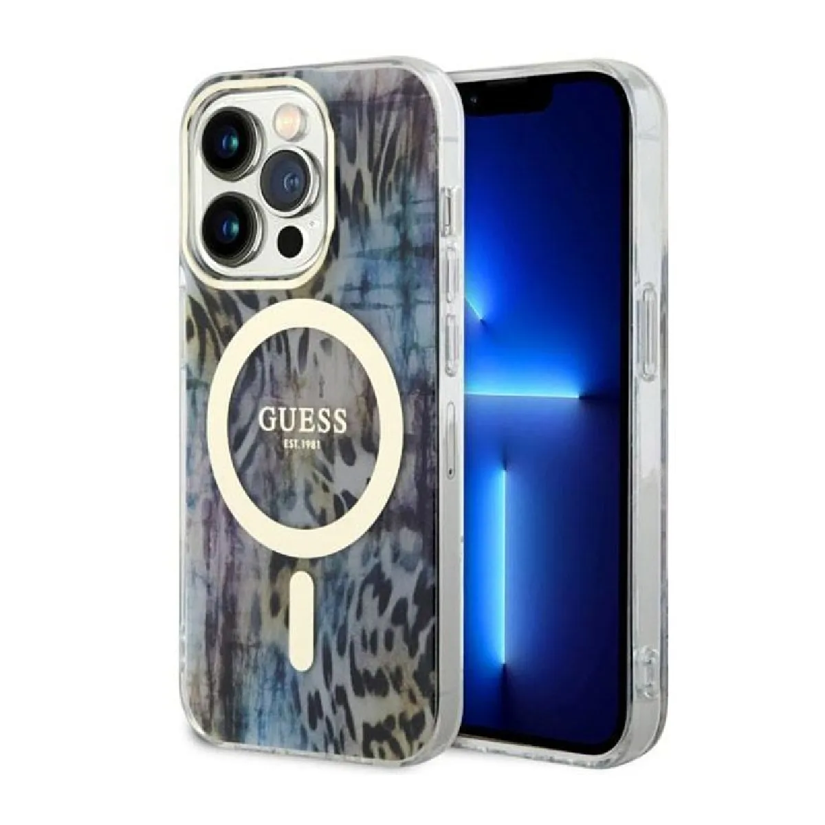 Guess Bleu Leopard Magsafe - Coque Pour Iphone 14 Pro (Bleu)