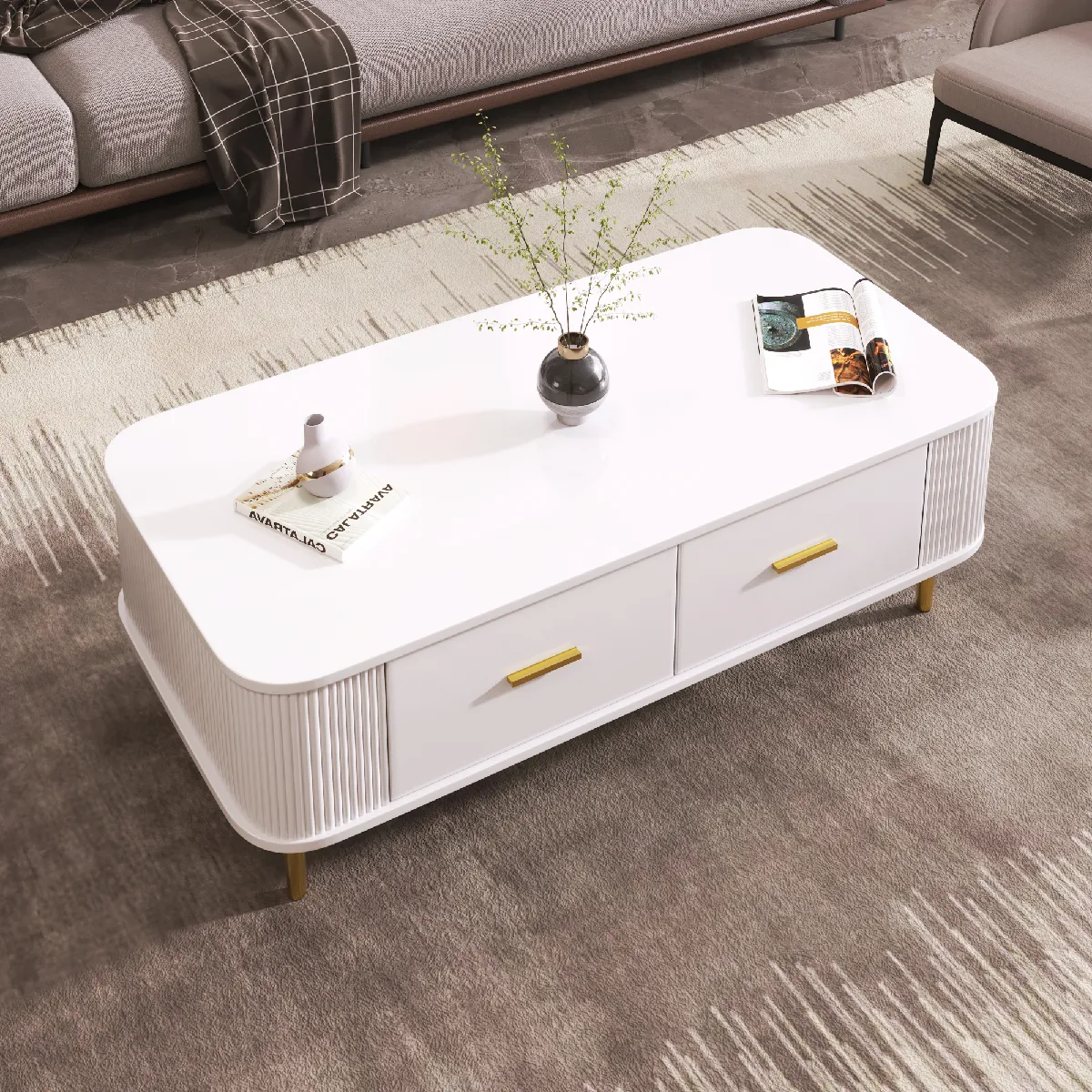 Meilleurs prix pour Table basse avec 4 tiroirs 105x51x38 cm, blanc et doré, bords arrondis