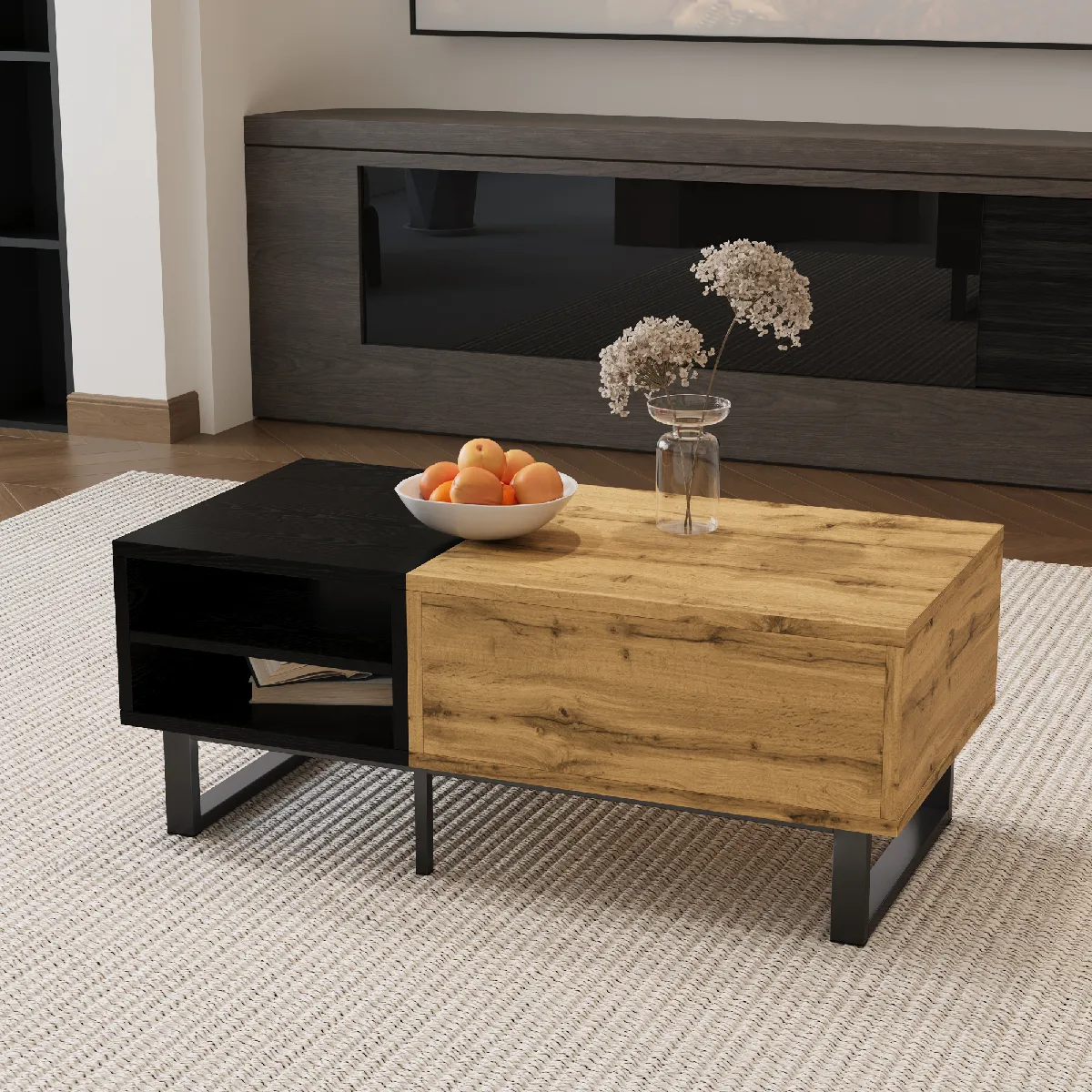 Meilleurs prix pour Table basse 100x50x40 cm avec 3 niches ouvertes et 1 tiroir, noir et décor bois