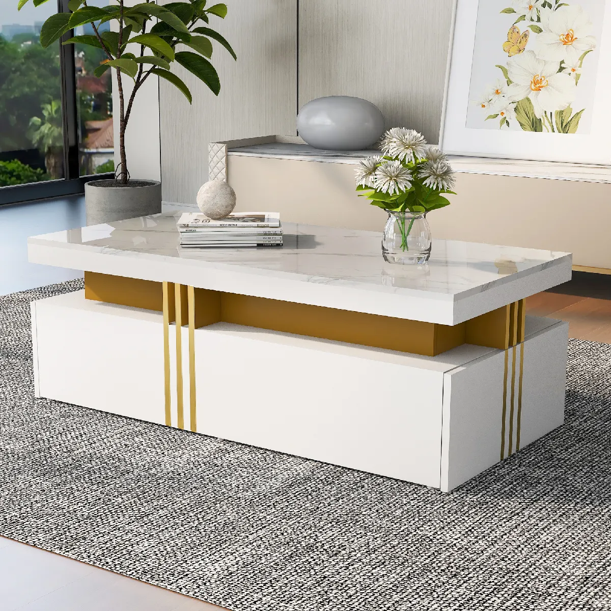 Table basse brillante blanche effet marbre avec 2 tiroirs et détails dorés 100x50x40 cm