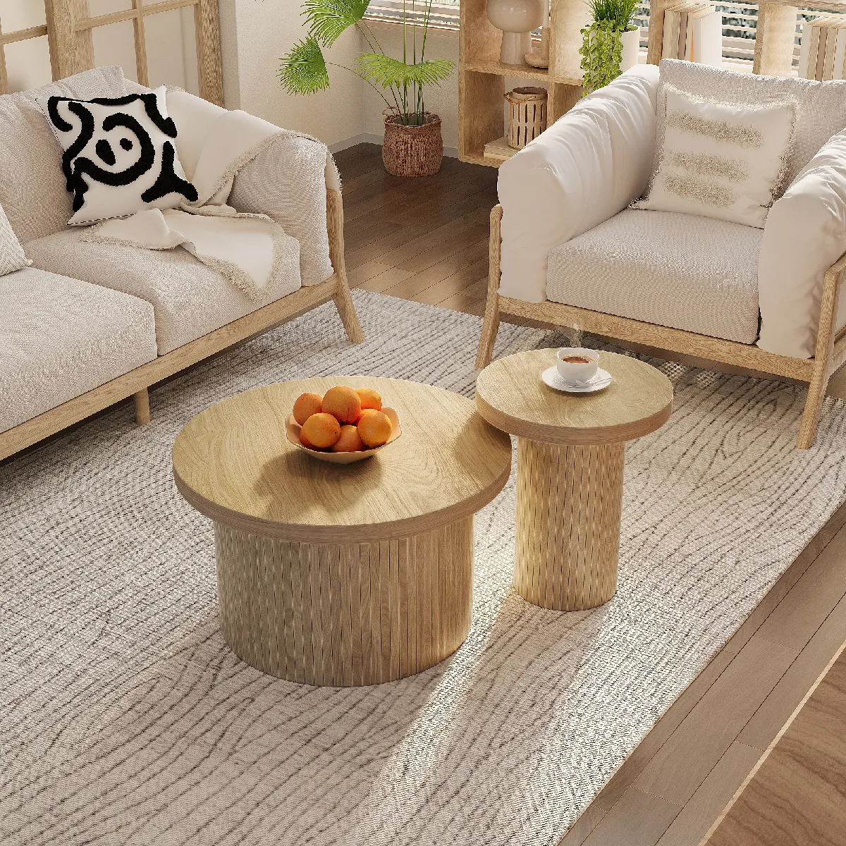 Meilleurs prix pour Table basse gigogne ronde en mdf décor bois naturel, lot de 2