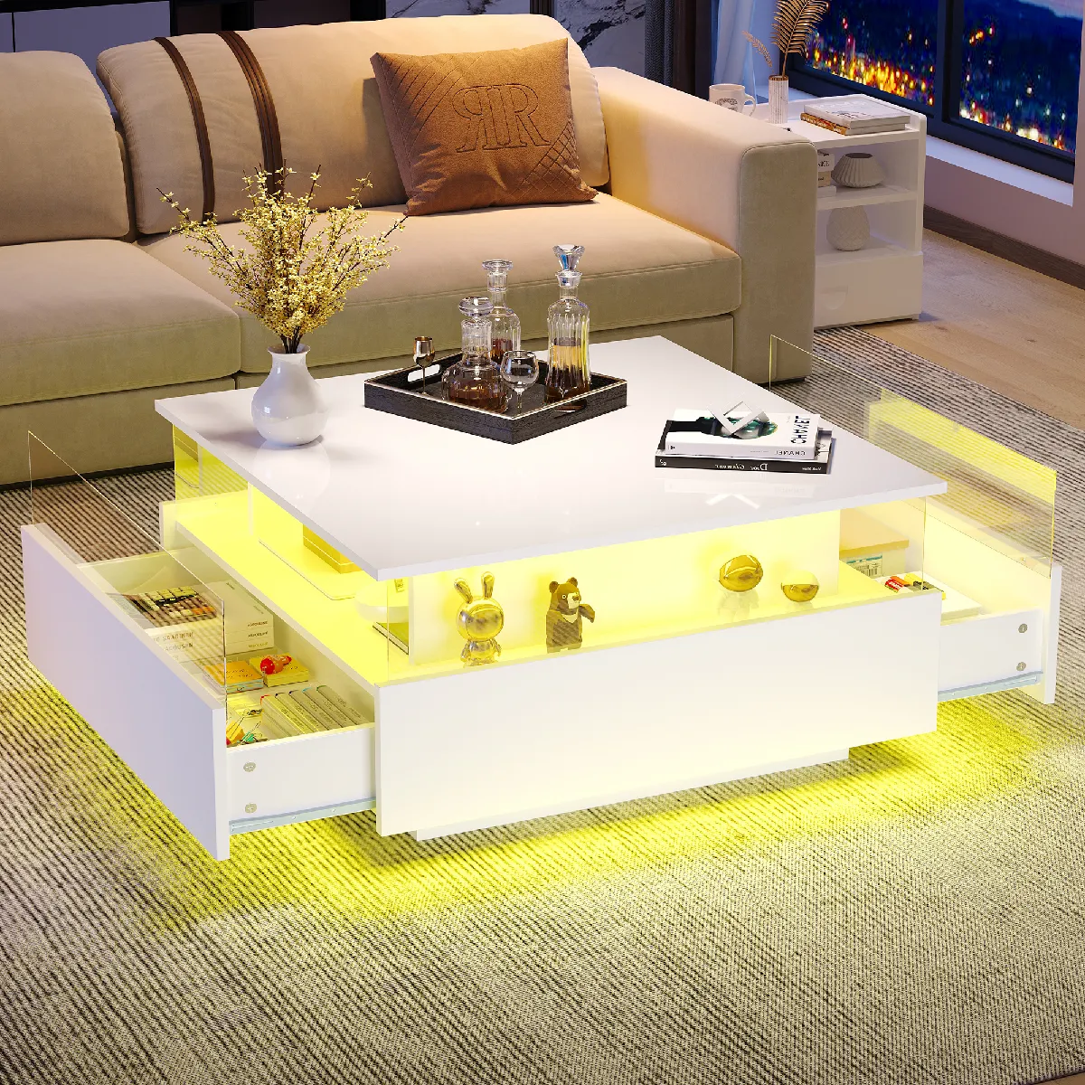 Table basse led 70x70x41 cm avec 2 tiroirs et vitrine transparente blanche