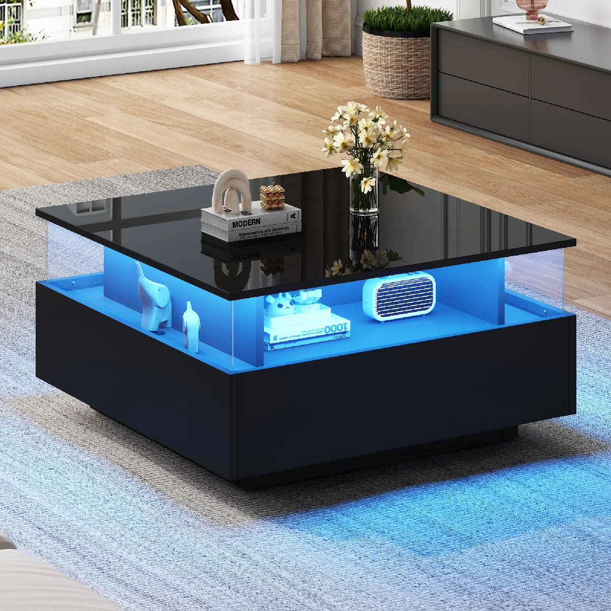 Comparer les prix de Table basse led noire brillante 70x70x41 cm avec 2 tiroirs et vitrine transparente