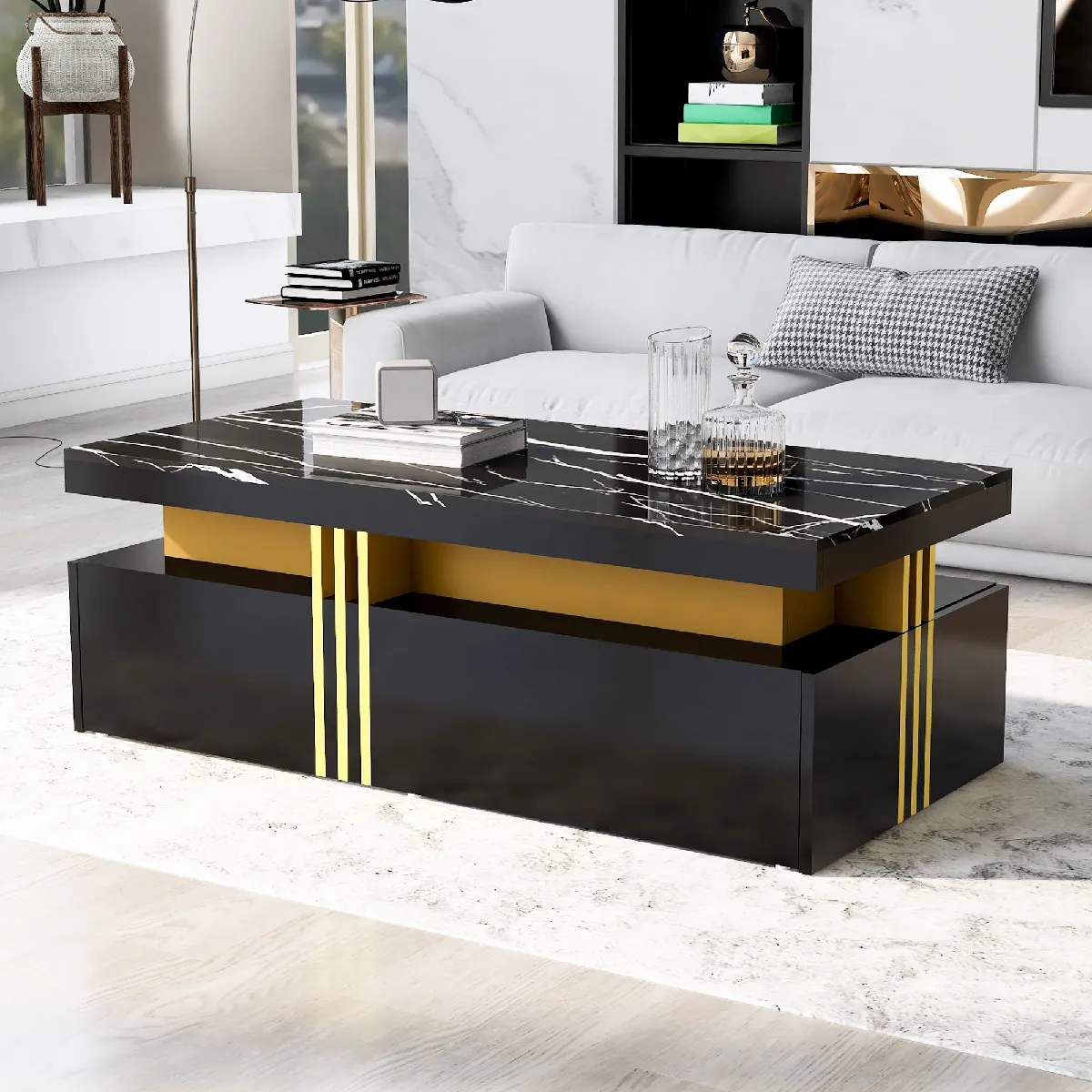 Table basse rectangulaire noire effet marbre avec 2 tiroirs et détails métal doré 100x50 cm