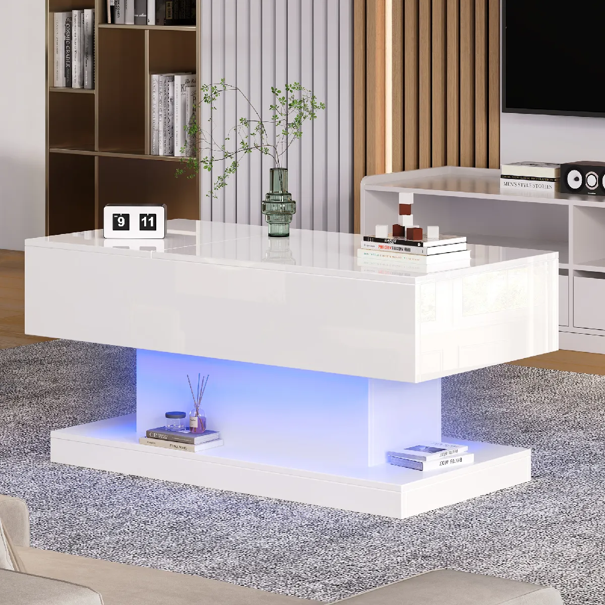 Meilleurs prix pour Table basse relevable avec led 100x50x45 cm, plateau coulissant et rangement blanc