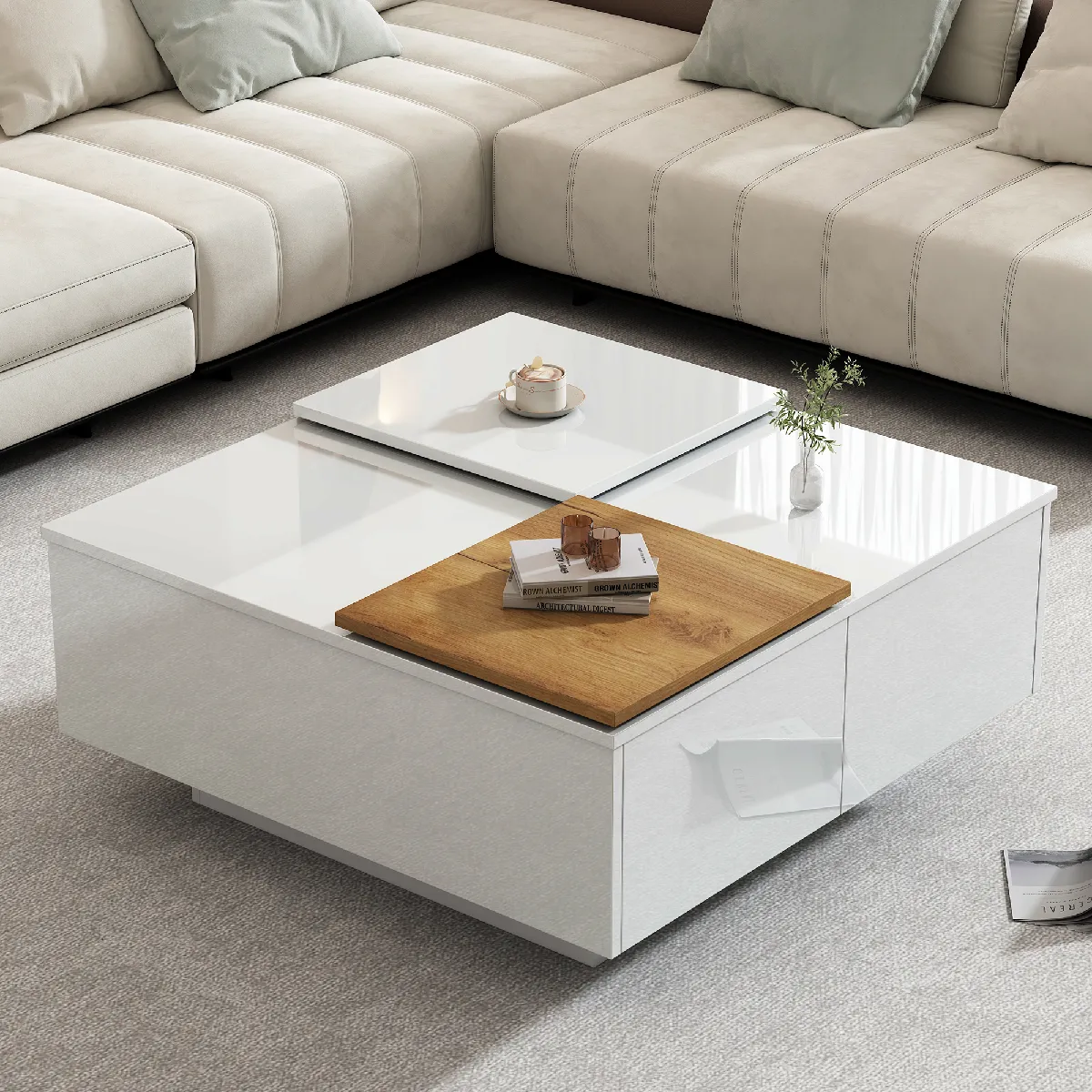 Table basse carrée 75x75 cm blanc brillant avec 4 tiroirs et plateaux coulissants