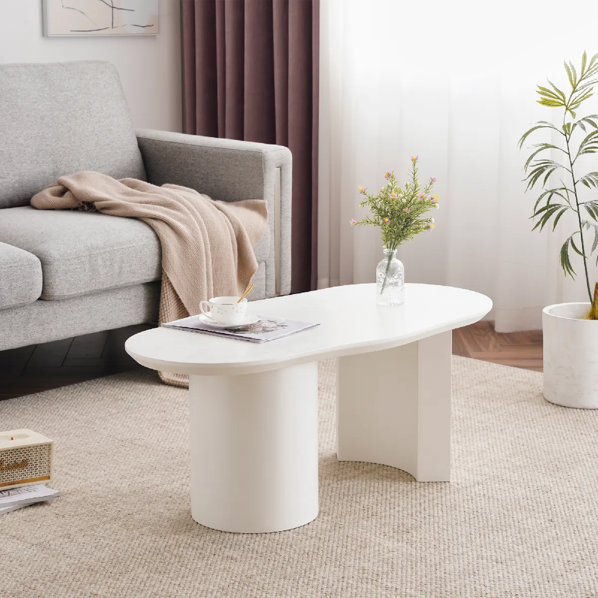 Table basse blanche 100 cm au design irrégulier en mdf laqué