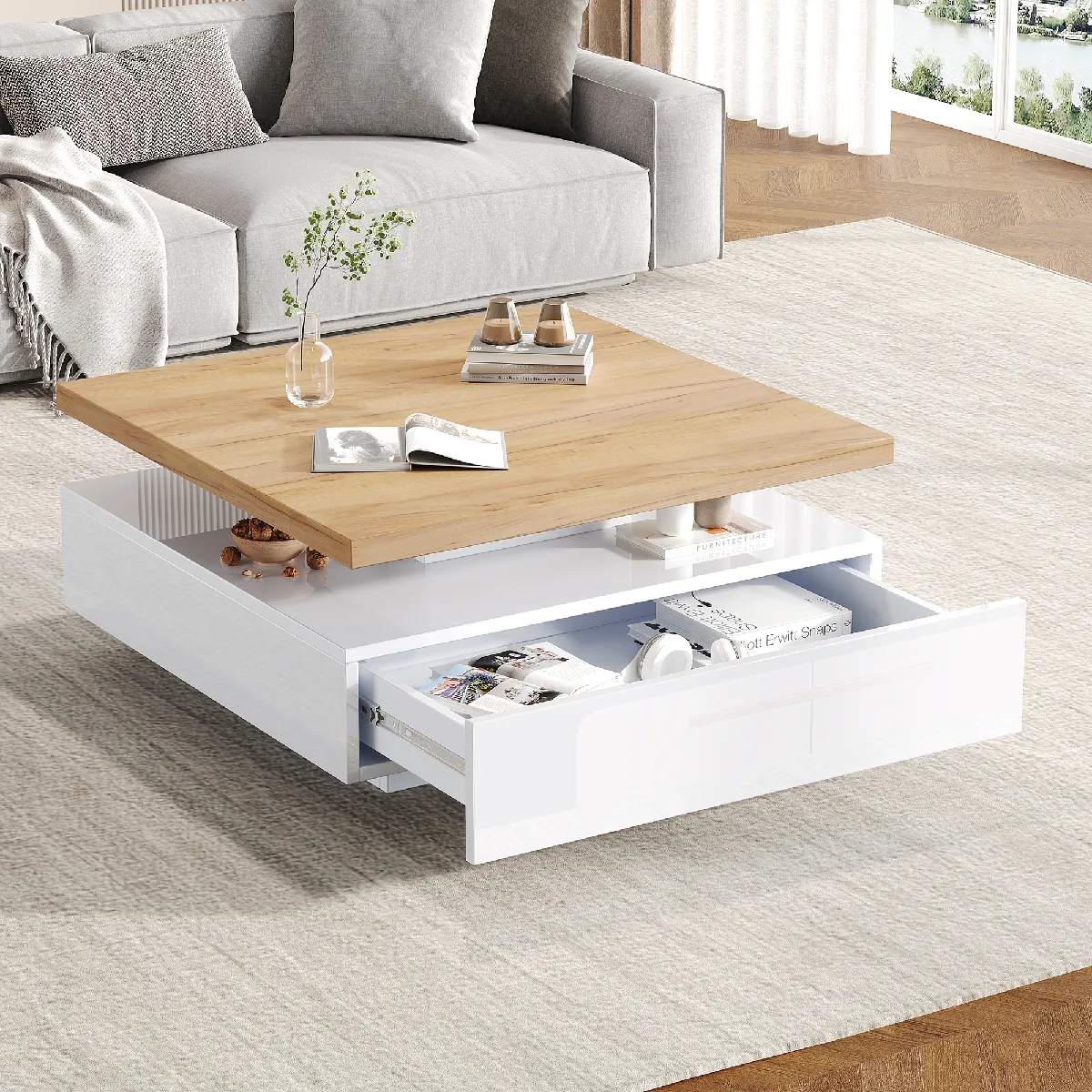 Table basse carrée pivotante 360° 70x70 cm avec tiroir, blanc brillant et noyer