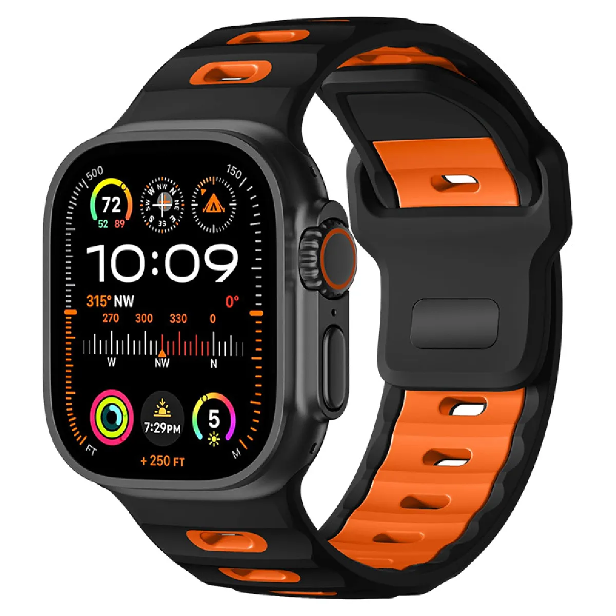 INF Bracelet &eacute;l&eacute;gant en silicone pour Apple Watch 42/44/45/46/49mm Black+Orange
