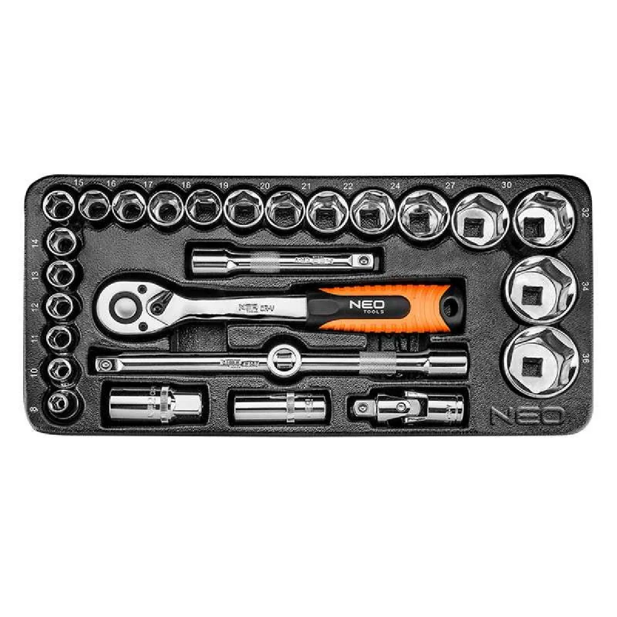 Neo Tools 84-238 - Coffret Insert Douilles 1/2" - 27 Pcs - Cliquet 255 Mm