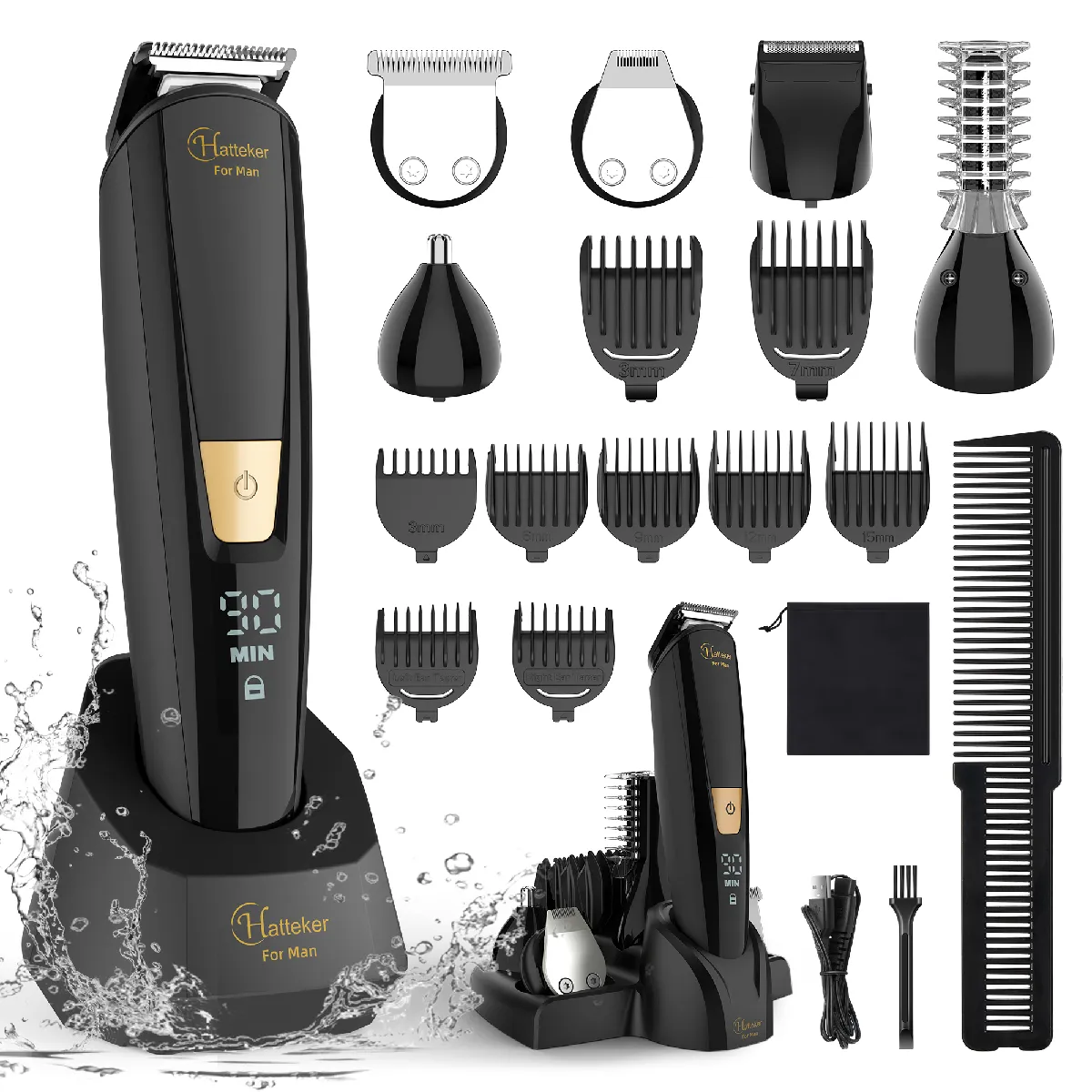 HATTEKER Tondeuse Cheveux et Barbe, Rasoir &Eacute;lectrique ? Kit de Toilettage Homme &Eacute;tanche 6-en-1