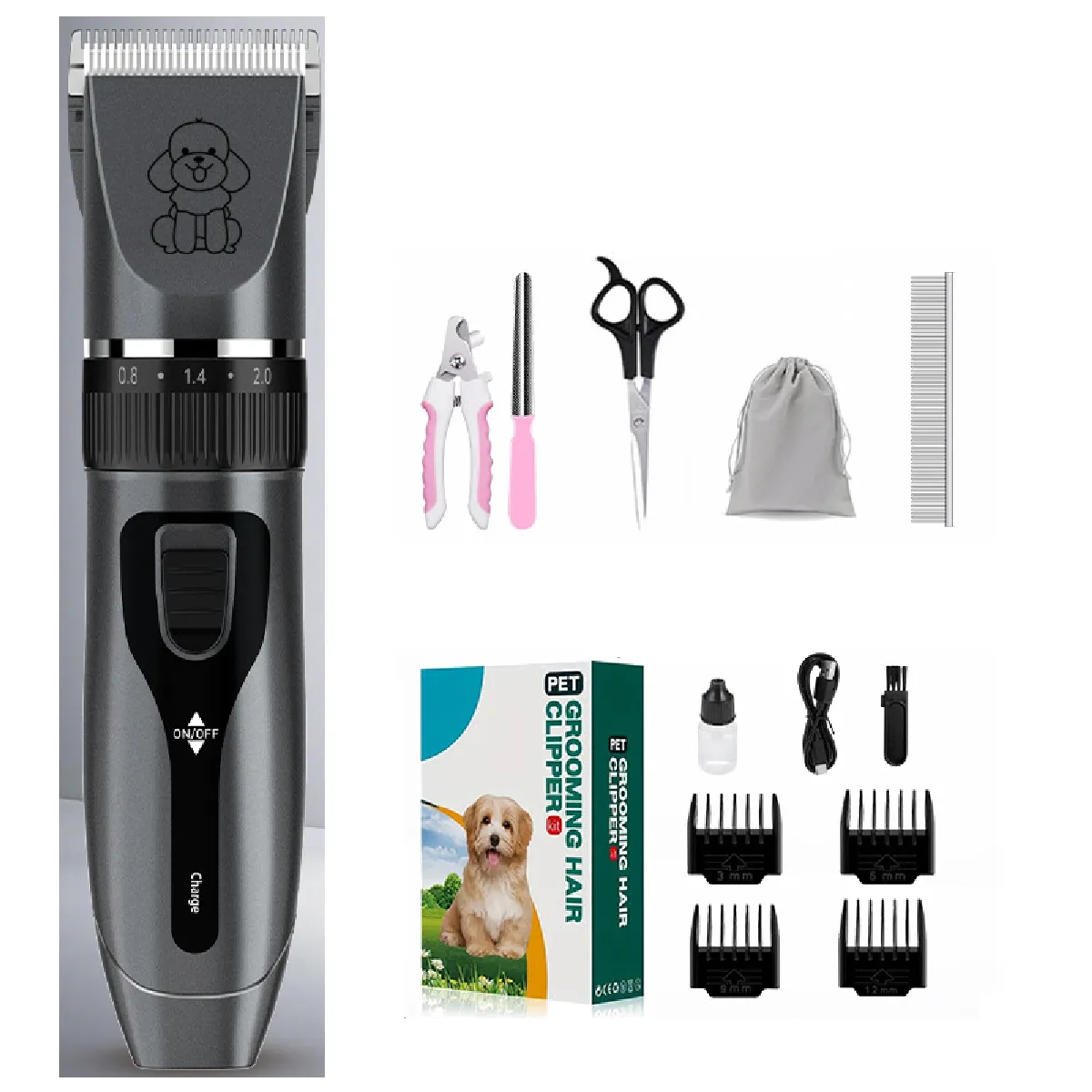 Kit de toilettage pour animaux de compagnie Gris argenté avec peigne en acier, ensemble de