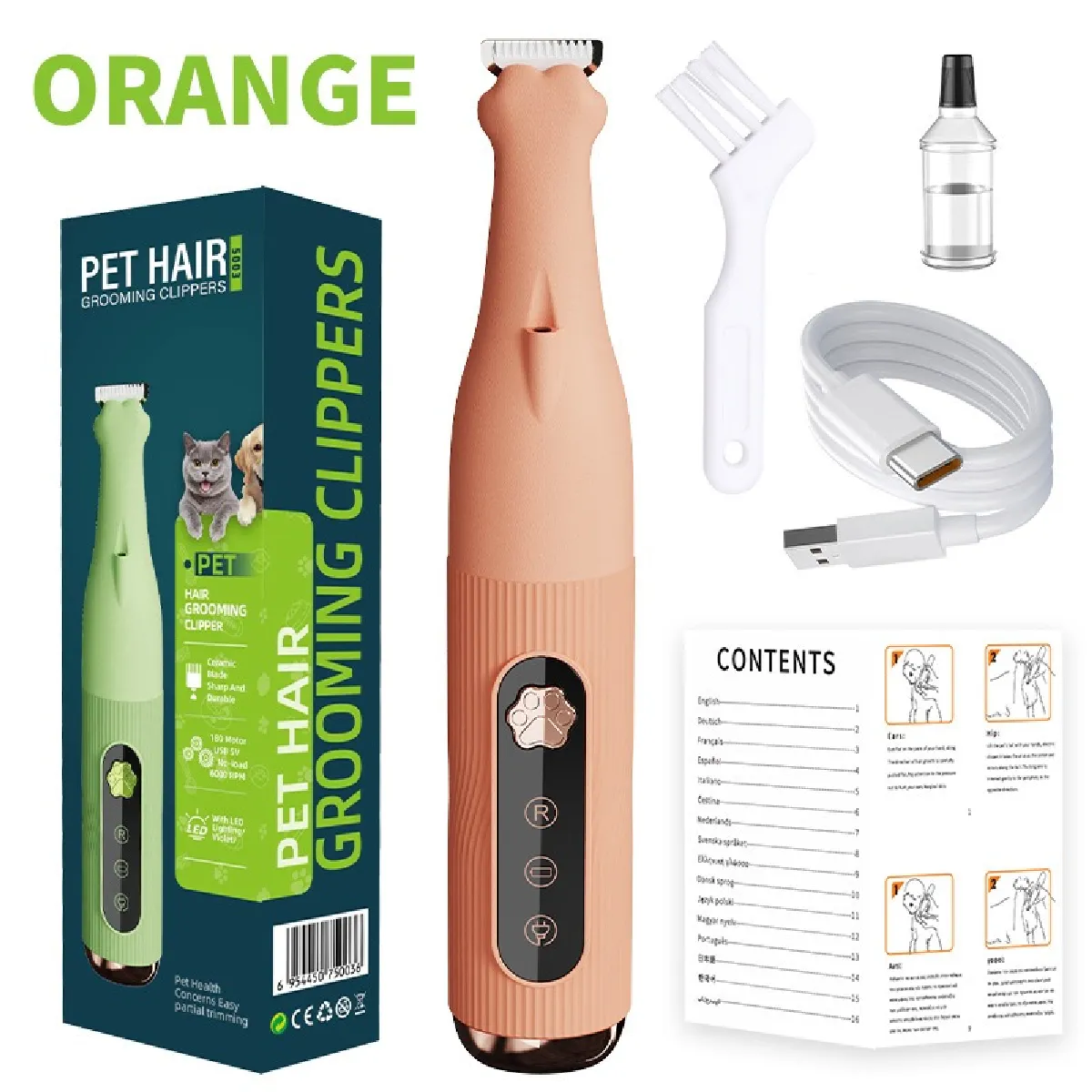 Tondeuse Électrique pour Animaux - Soin des Pattes et Toilettage Précis Orange