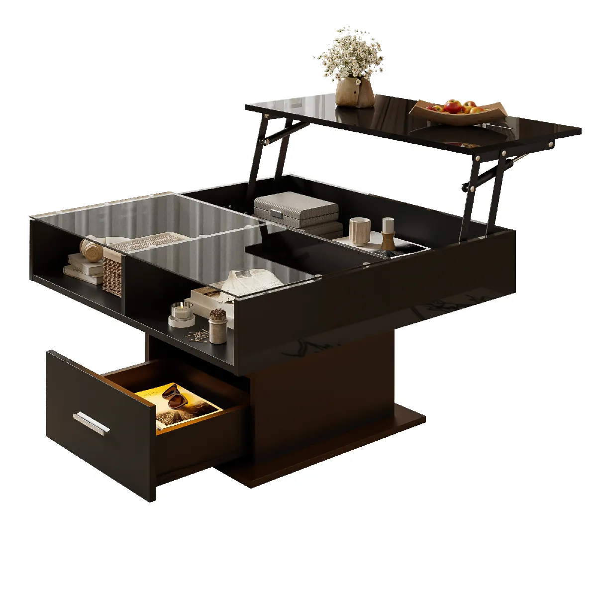 Table basse 78x78x45.5 cm relevable LED rangement panneau de particules noir