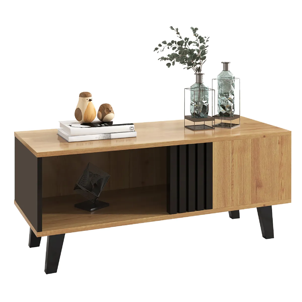 Table basse 100x60x45 cm rangement verre panneaux de particules naturel