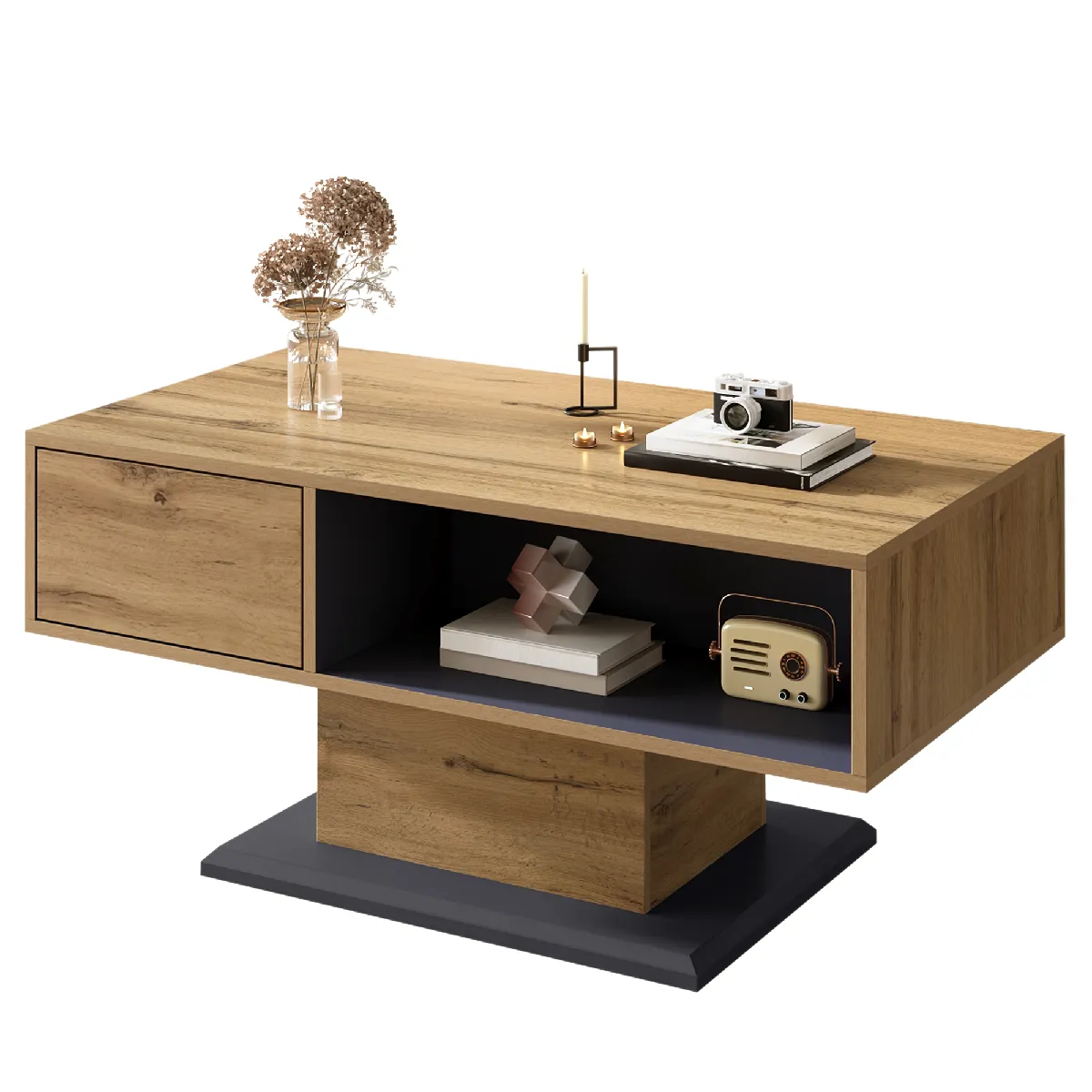 Table basse 100x50x46.5 cm rangement double face panneau mélaminé gris naturel
