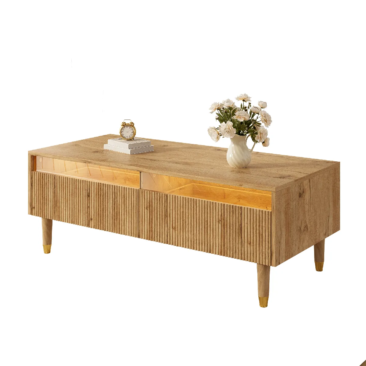 Table basse 110x50x40 cm LED multicolore, 2 tiroirs MDF naturel