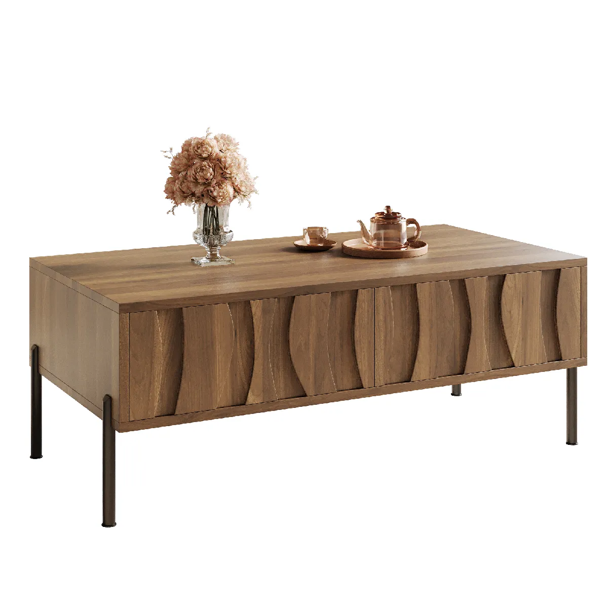 Table basse 105x55x41 cm 2 tiroirs, pieds en fer MDF naturel