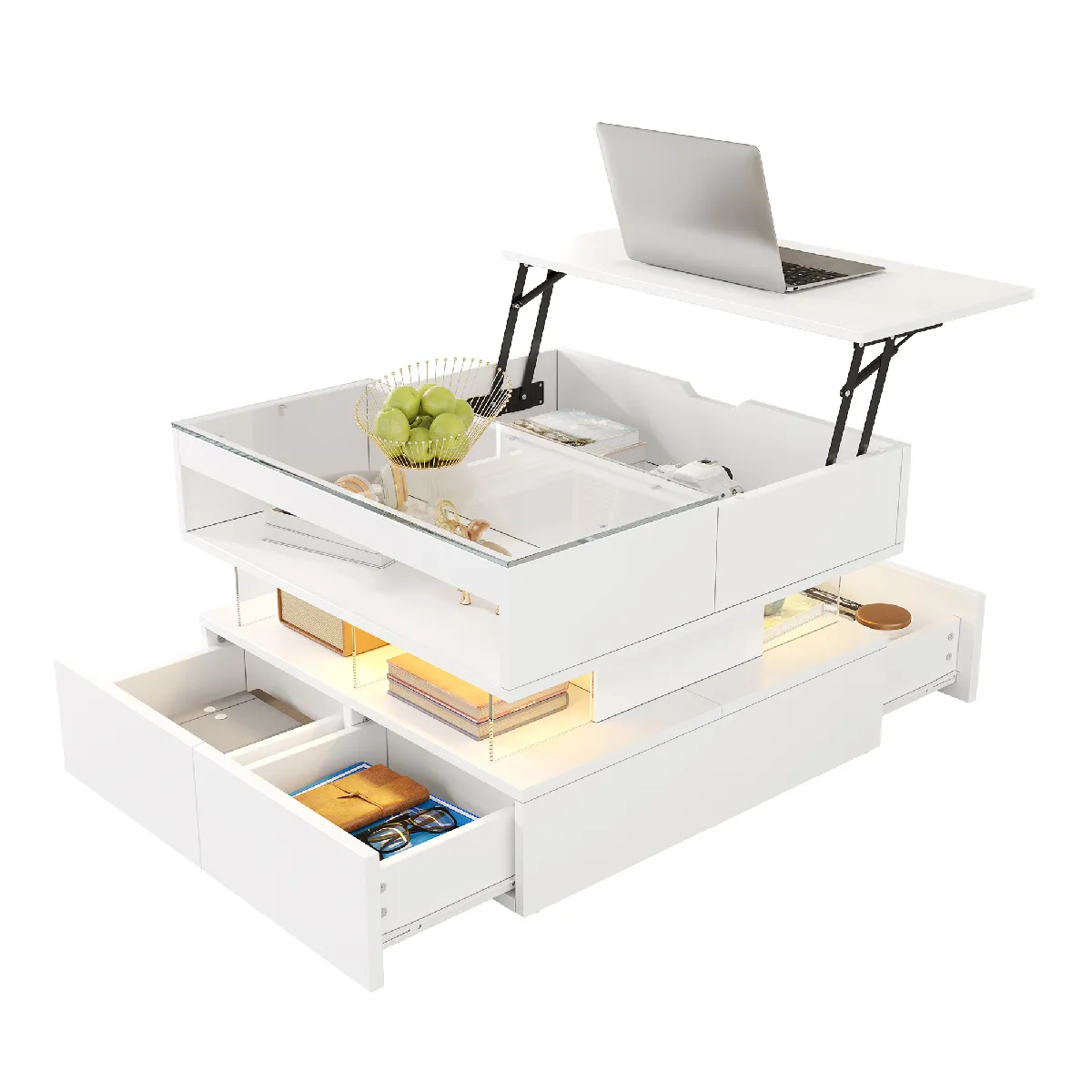 Table basse 70x67x57 cm plateau relevable LED 16 couleurs aggloméré blanc