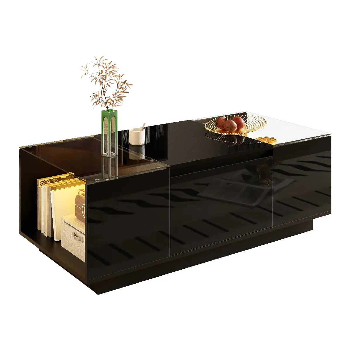 Table basse 105x50x35 cm LED, rangement panneaux de particules noir