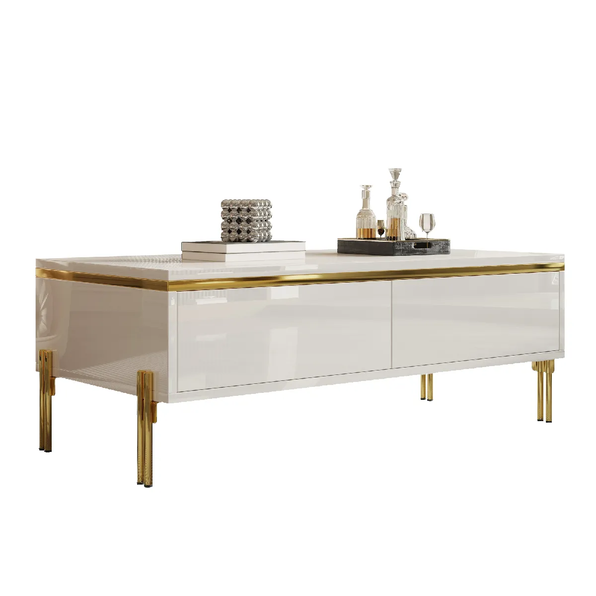 Table basse 100x50x36 cm, tiroirs doubles, panneau de particules blanc