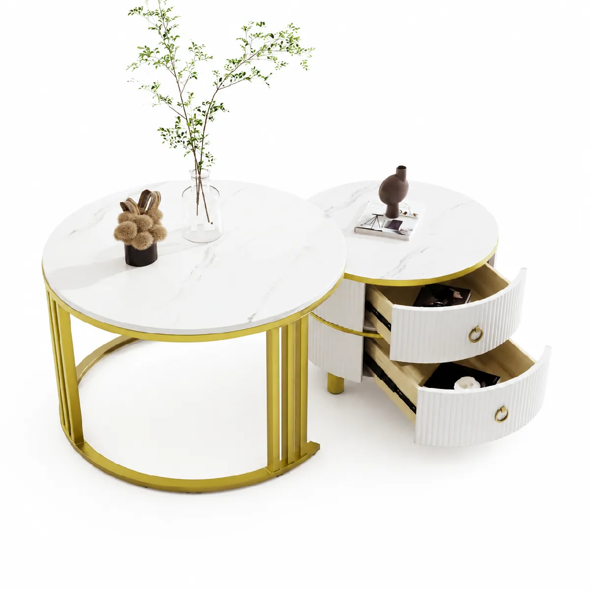 Table basse gigogne 70x70x46 + 50x50x40 cm 2 tiroirs MDF blanc