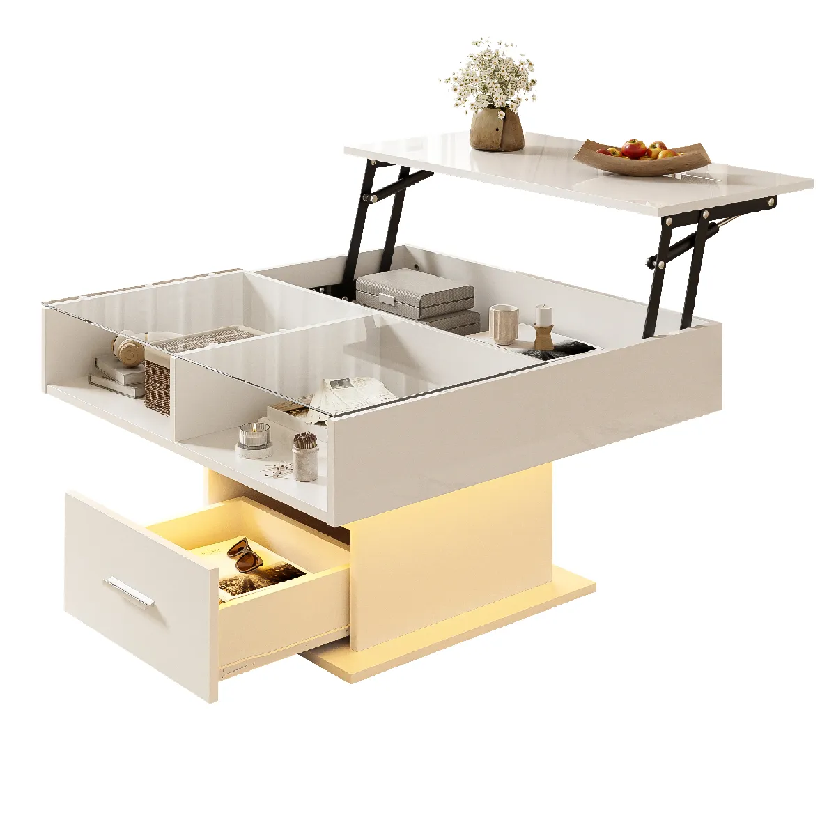 Table basse relevable 78x78x45.5 cm LED rangement panneau de particules blanc