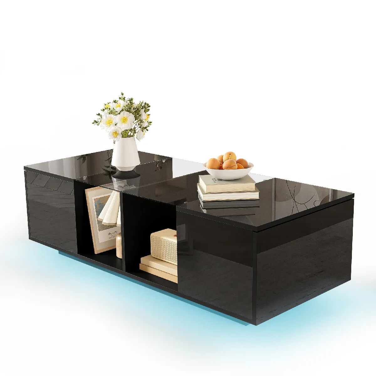 Table basse 120x50x38.5 cm LED et rangement latéral verre MDF noir